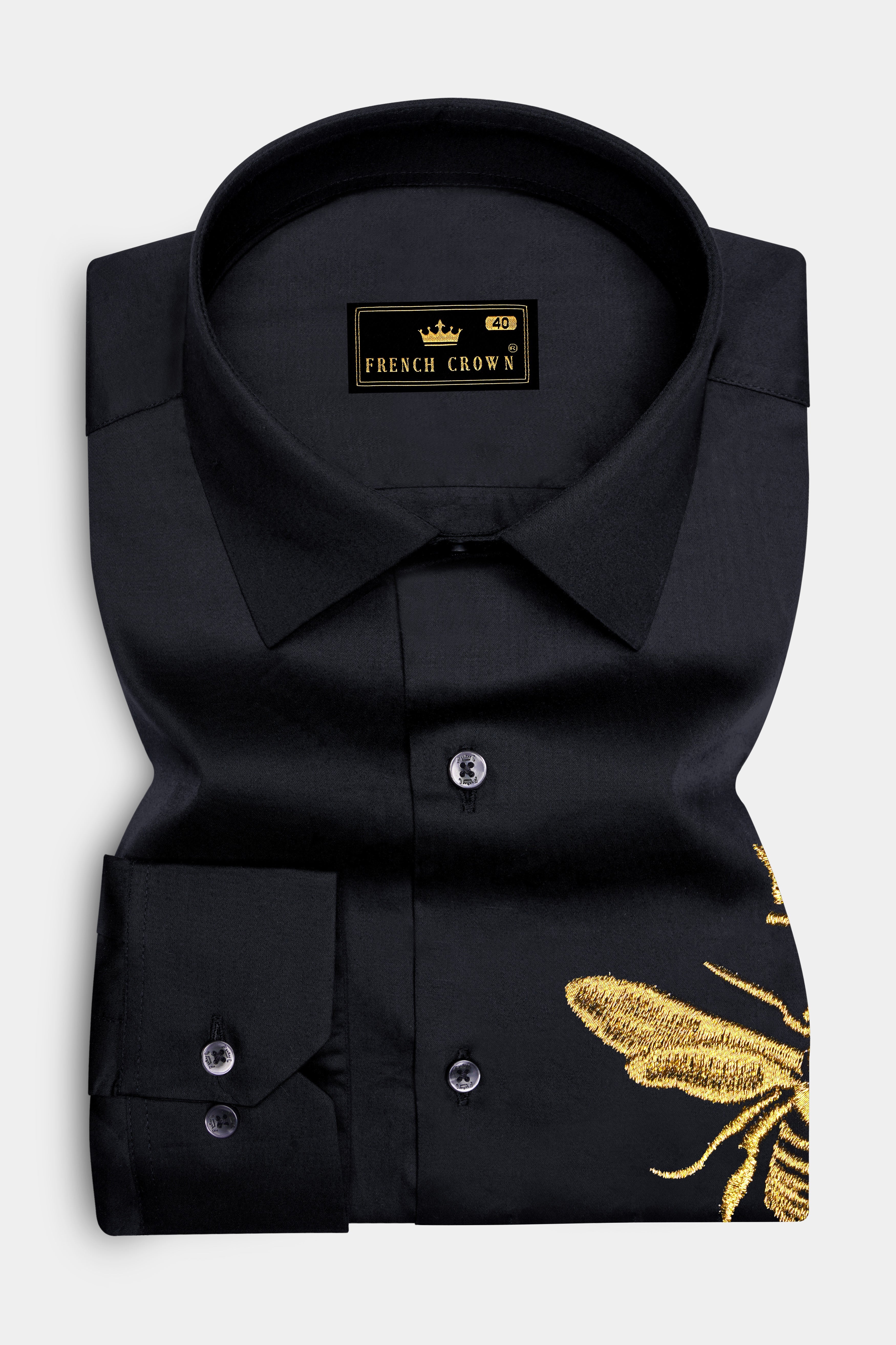 Apisyn-Jade Black Honey Bee Embroidered Subtle Sheen Super Soft Premium Cotton Designer Shirt