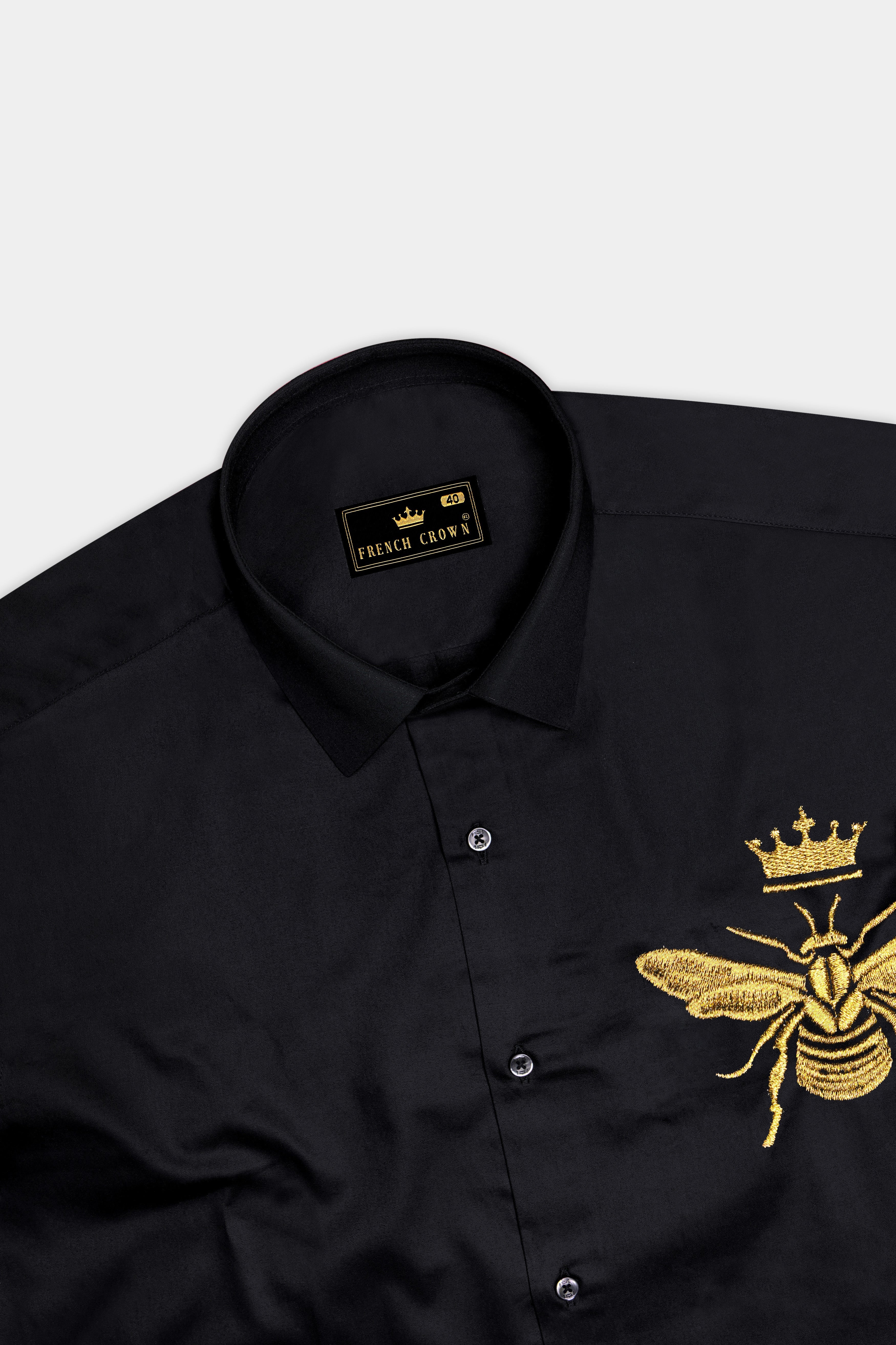 Apisyn-Jade Black Honey Bee Embroidered Subtle Sheen Super Soft Premium Cotton Designer Shirt