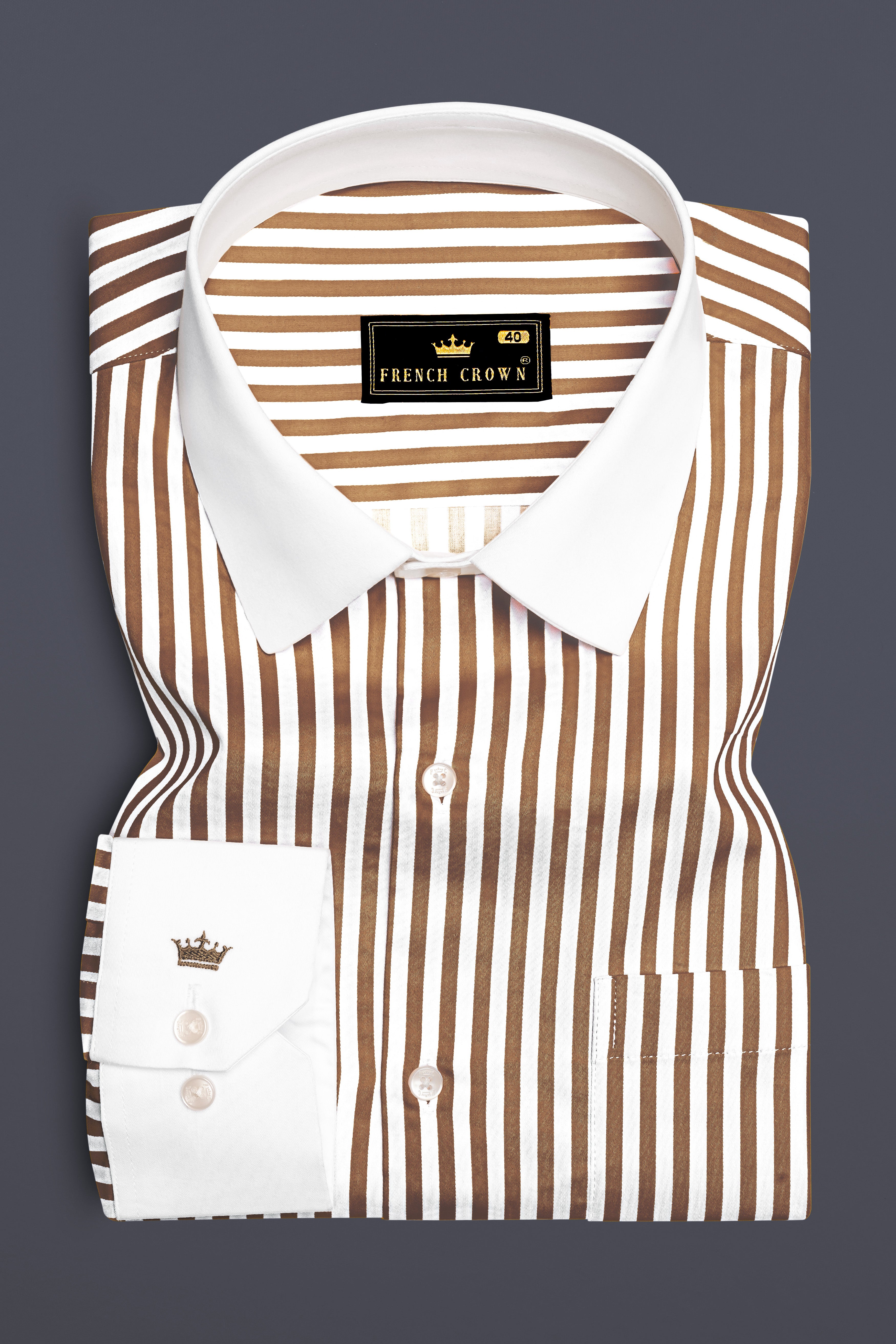 Bralisse-Tawny Brown And Bright White Striped Super Soft Premium Cotton Formal White Cuff Collar Shirt