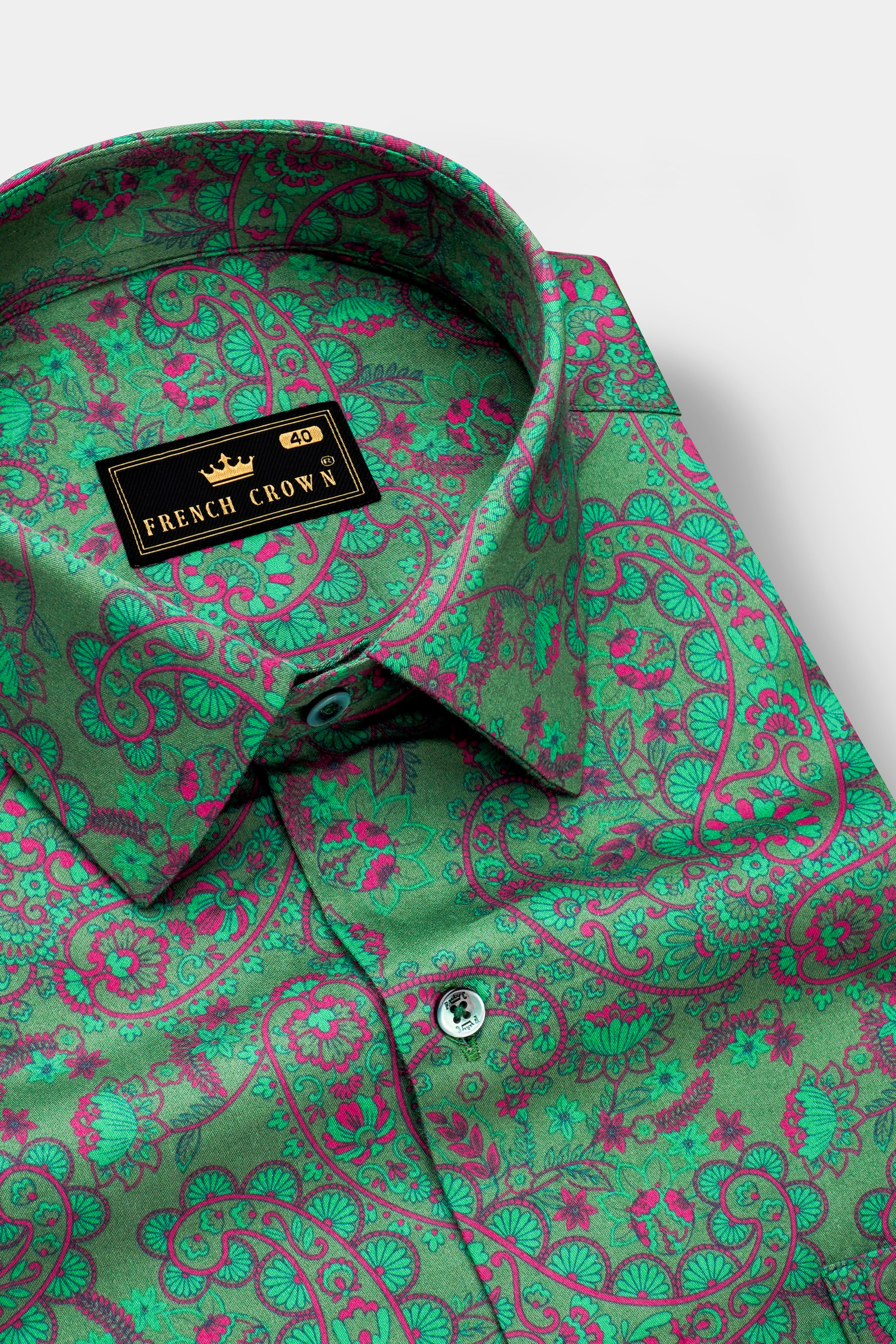 Lichen Green With Violet Pink Paisley Printed Subtle Sheen Super Soft Premium Cotton Semi Formal Shirt