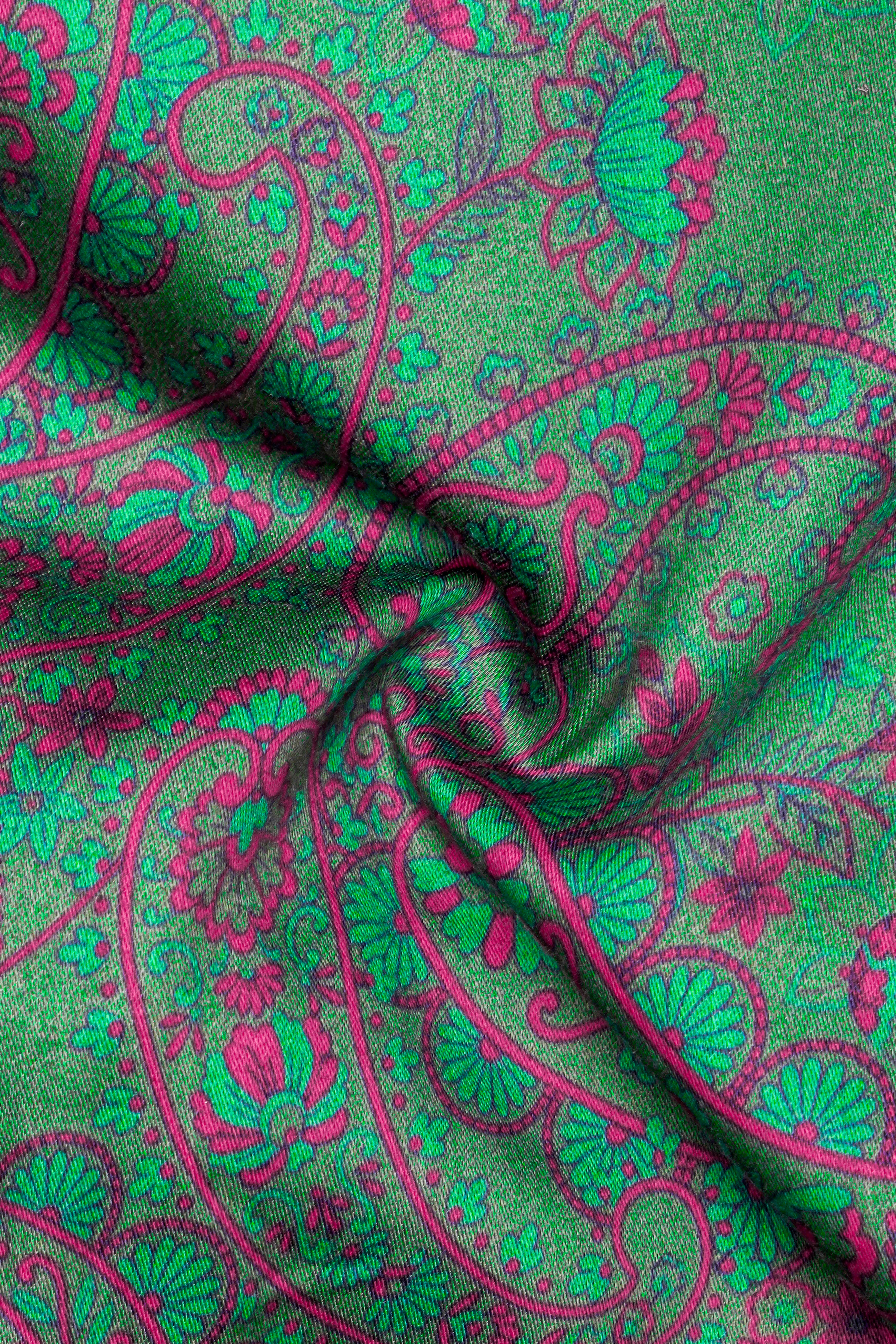 Lichen Green With Violet Pink Paisley Printed Subtle Sheen Super Soft Premium Cotton Semi Formal Shirt