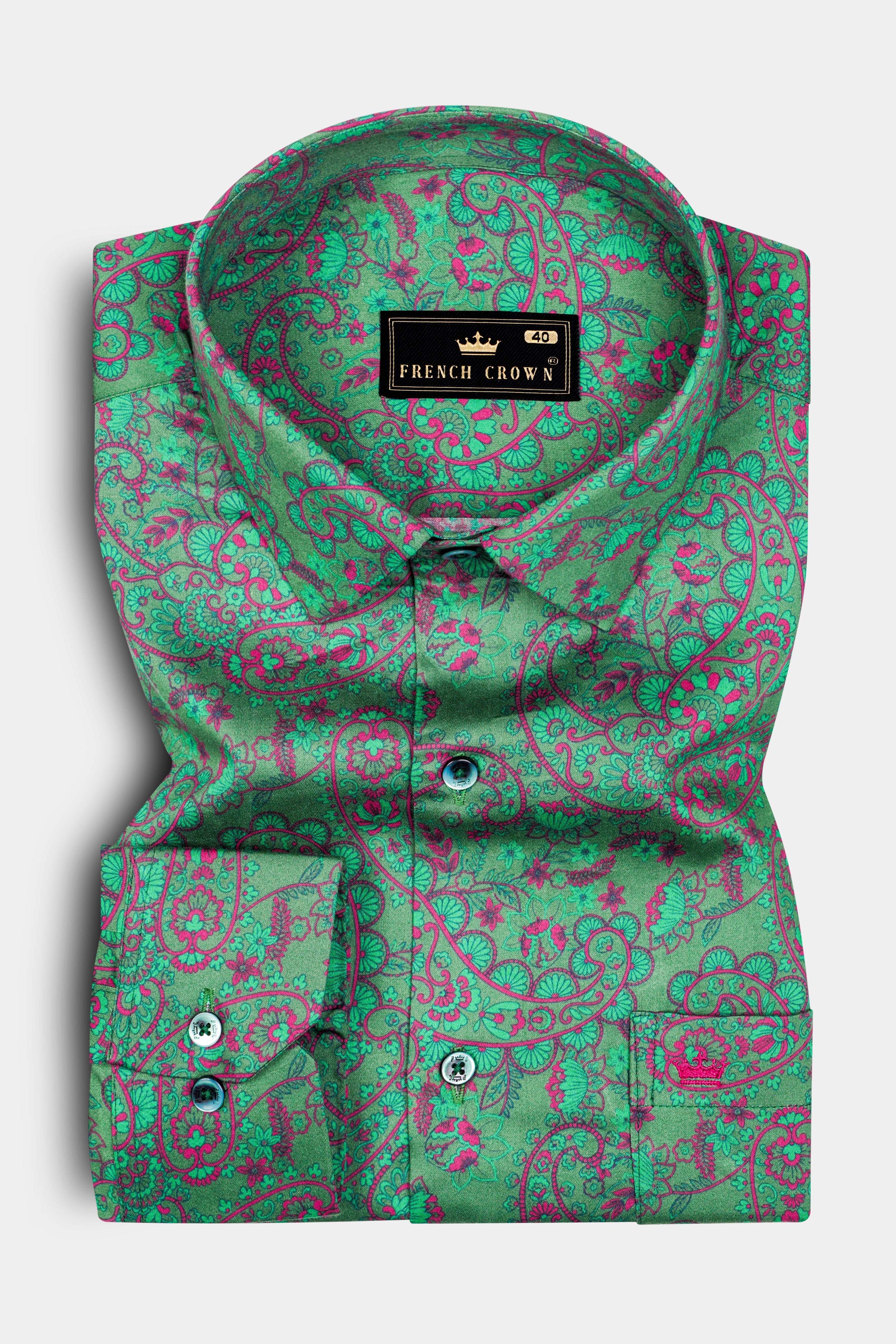 Lichen Green With Violet Pink Paisley Printed Subtle Sheen Super Soft Premium Cotton Semi Formal Shirt