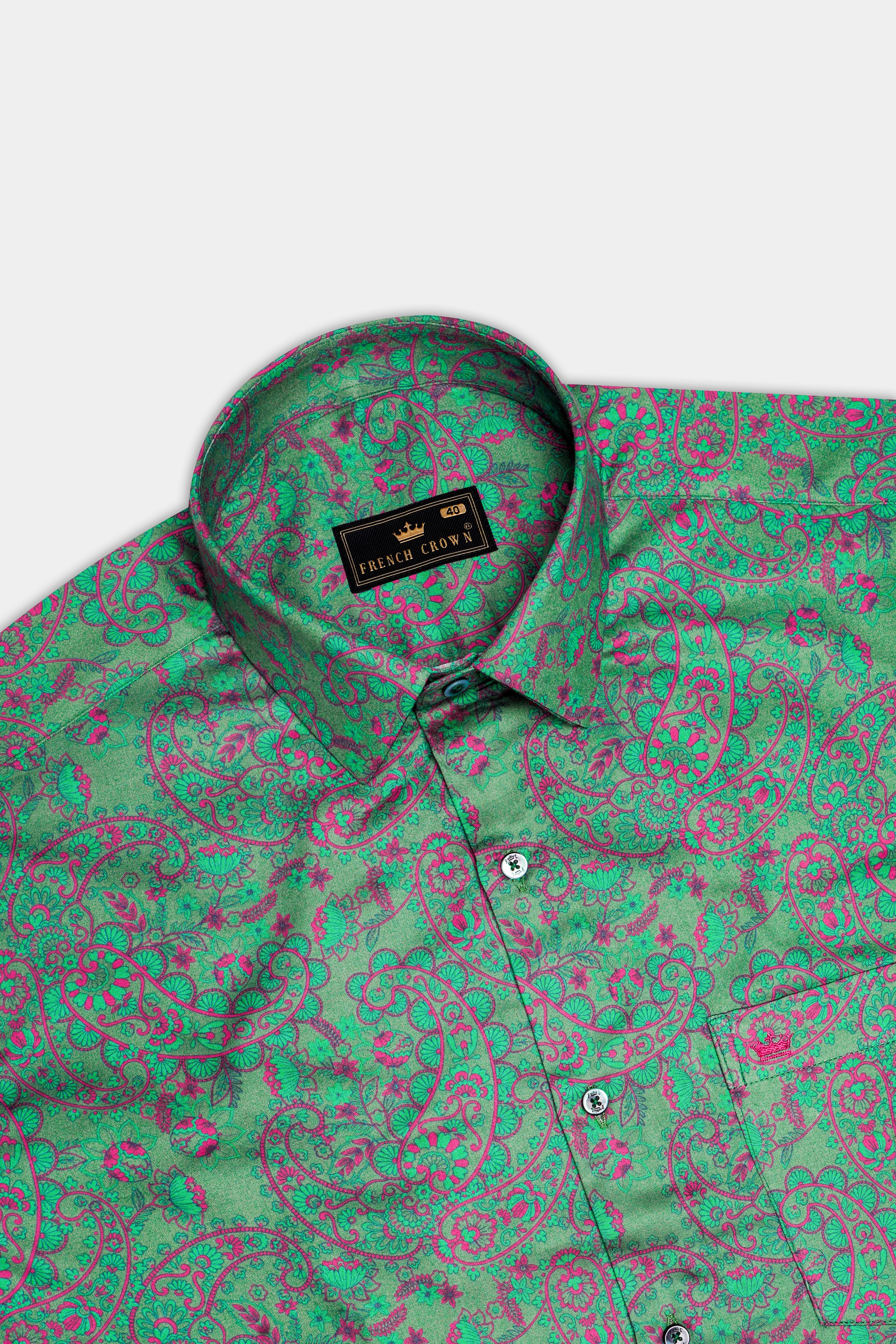 Lichen Green With Violet Pink Paisley Printed Subtle Sheen Super Soft Premium Cotton Semi Formal Shirt