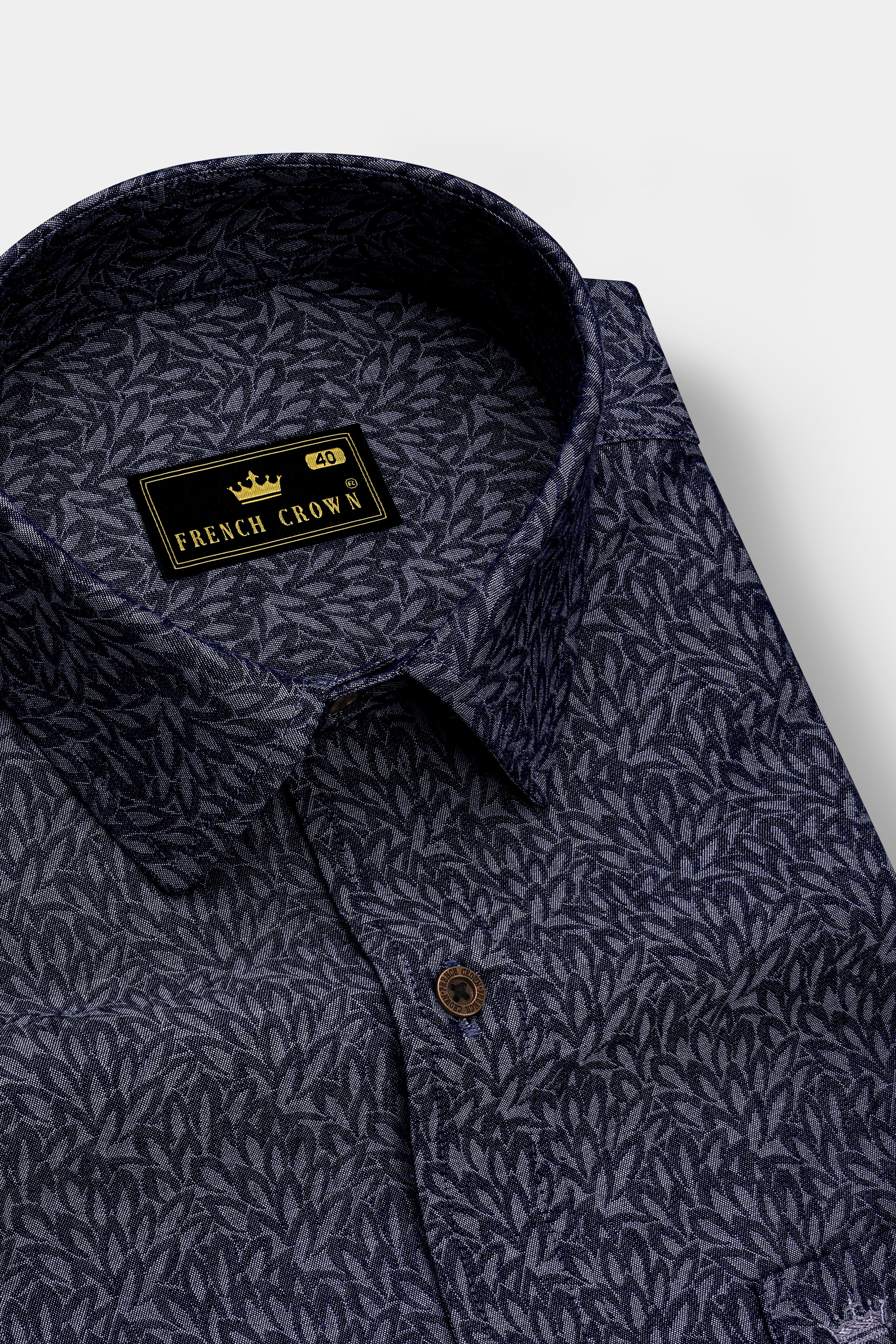 Cedivell-Bleached Cedar Denim Blue Leaf Print Super Soft Premium Cotton Casual Shirt