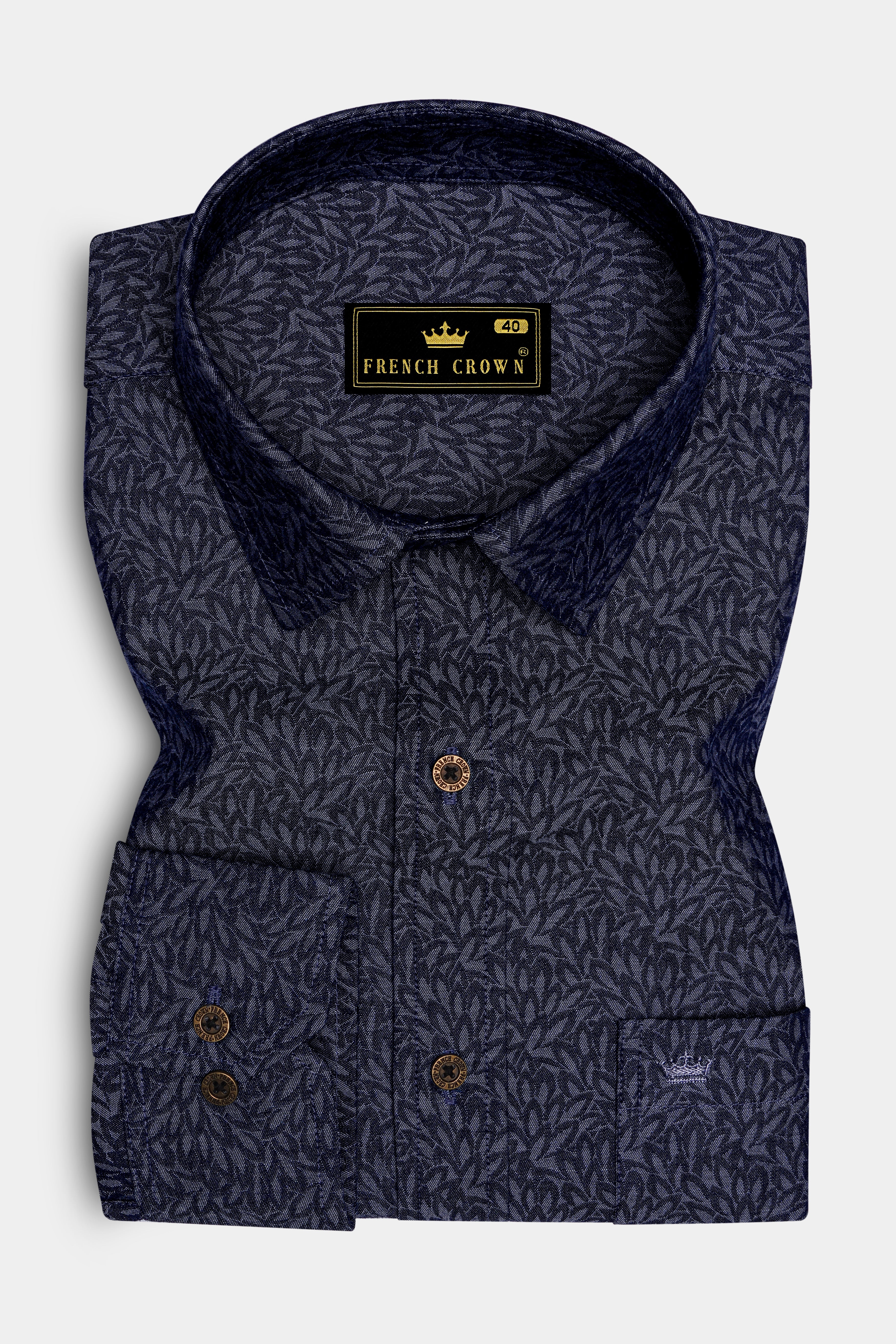 Cedivell-Bleached Cedar Denim Blue Leaf Print Super Soft Premium Cotton Casual Shirt