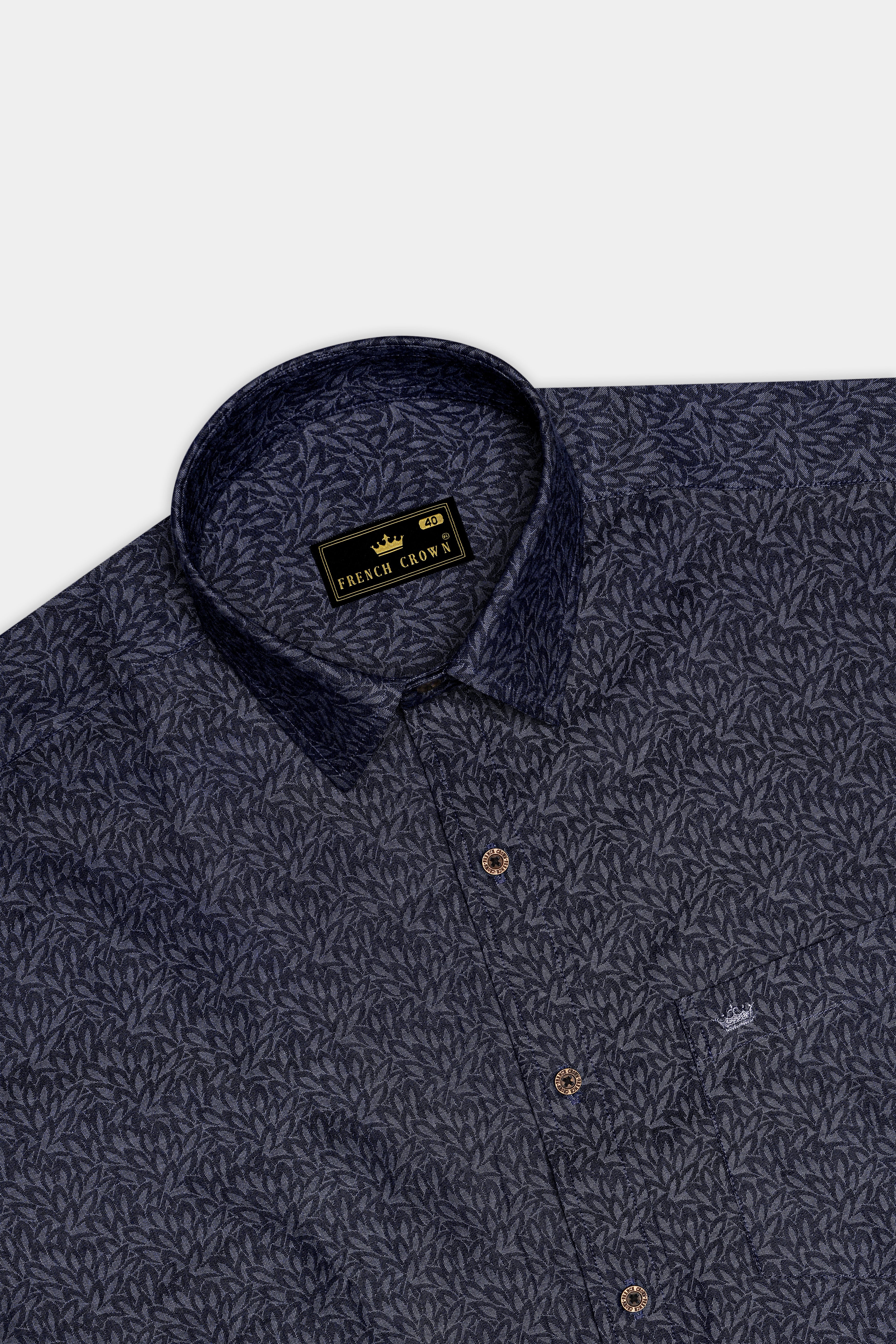Cedivell-Bleached Cedar Denim Blue Leaf Print Super Soft Premium Cotton Casual Shirt