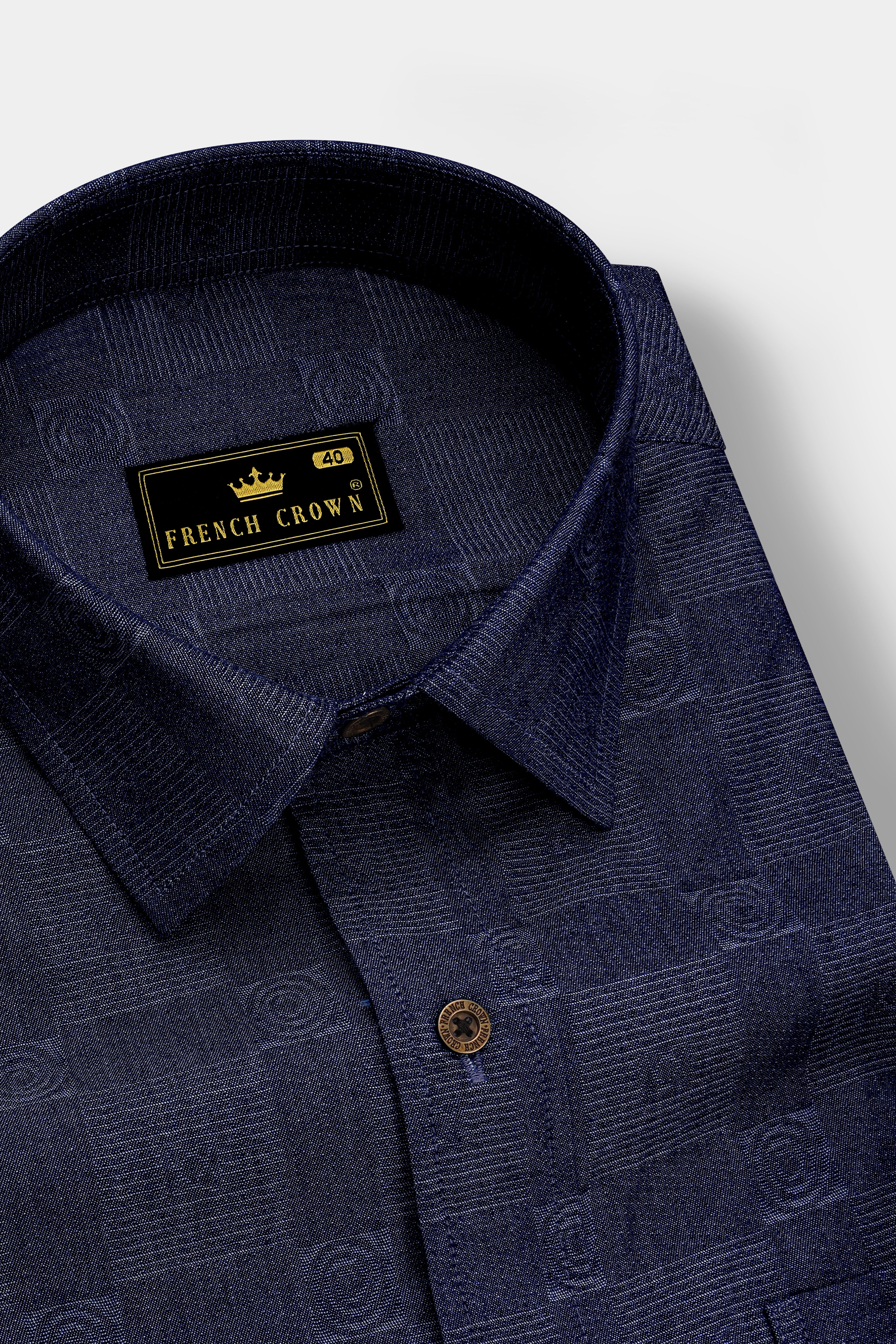 Squivra-Mirage Denim Blue square and circular motifs Textured Super Soft Premium Cotton Casual Shirt