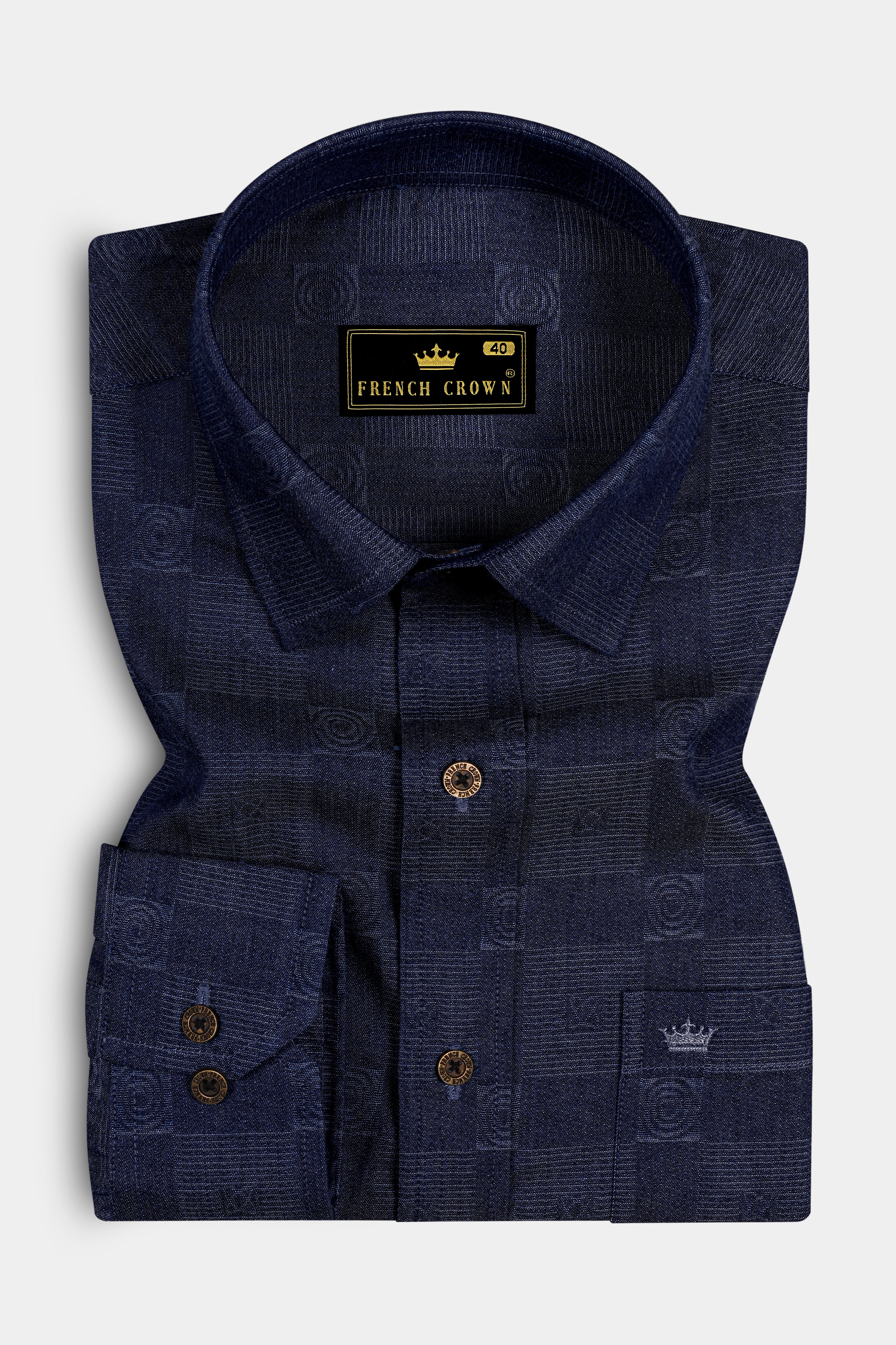 Squivra-Mirage Denim Blue square and circular motifs Textured Super Soft Premium Cotton Casual Shirt