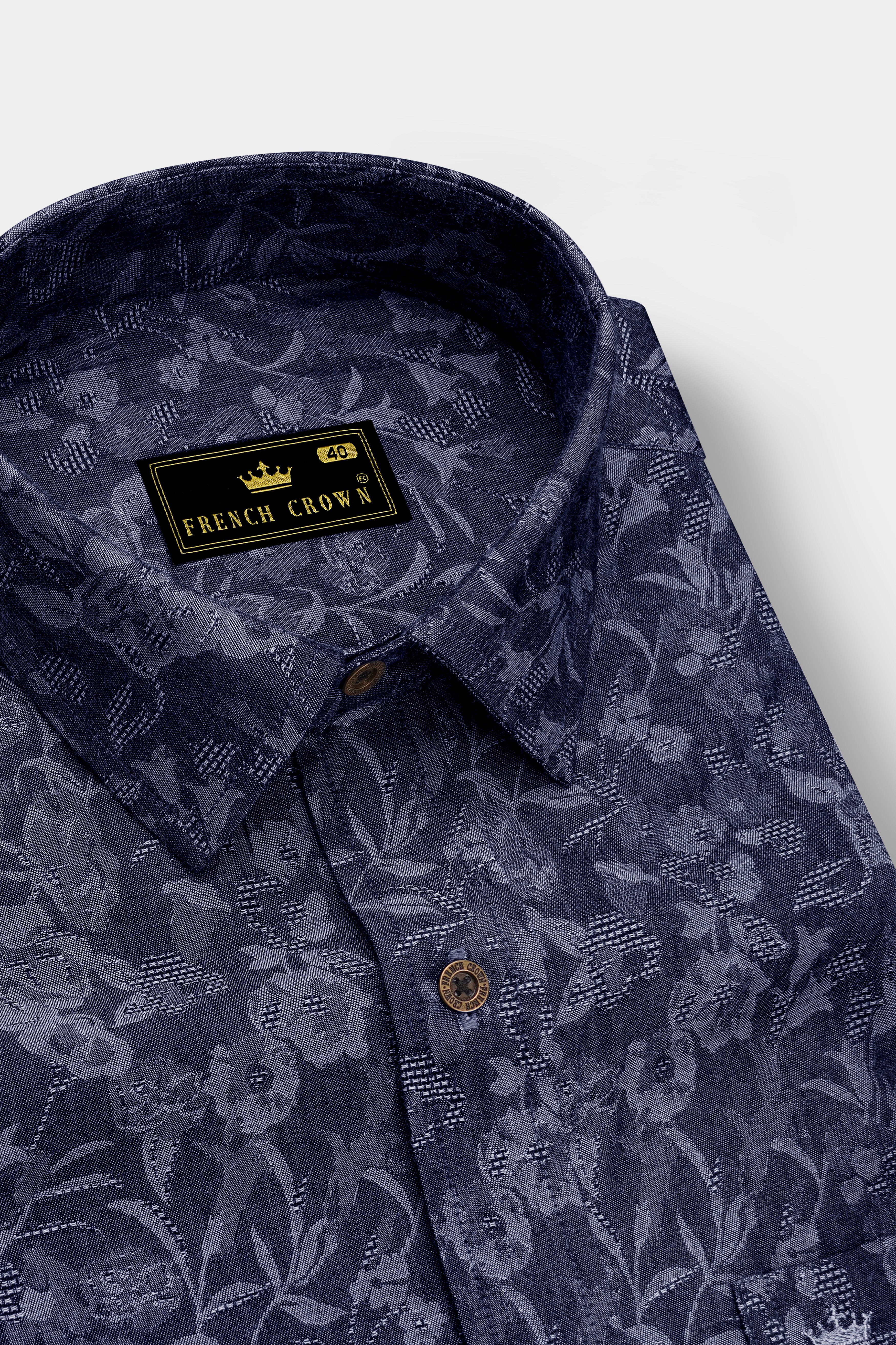 Fiorenza-Martinique Denim Blue Floral Jacquard Print Super Soft Premium Cotton Casual Shirt