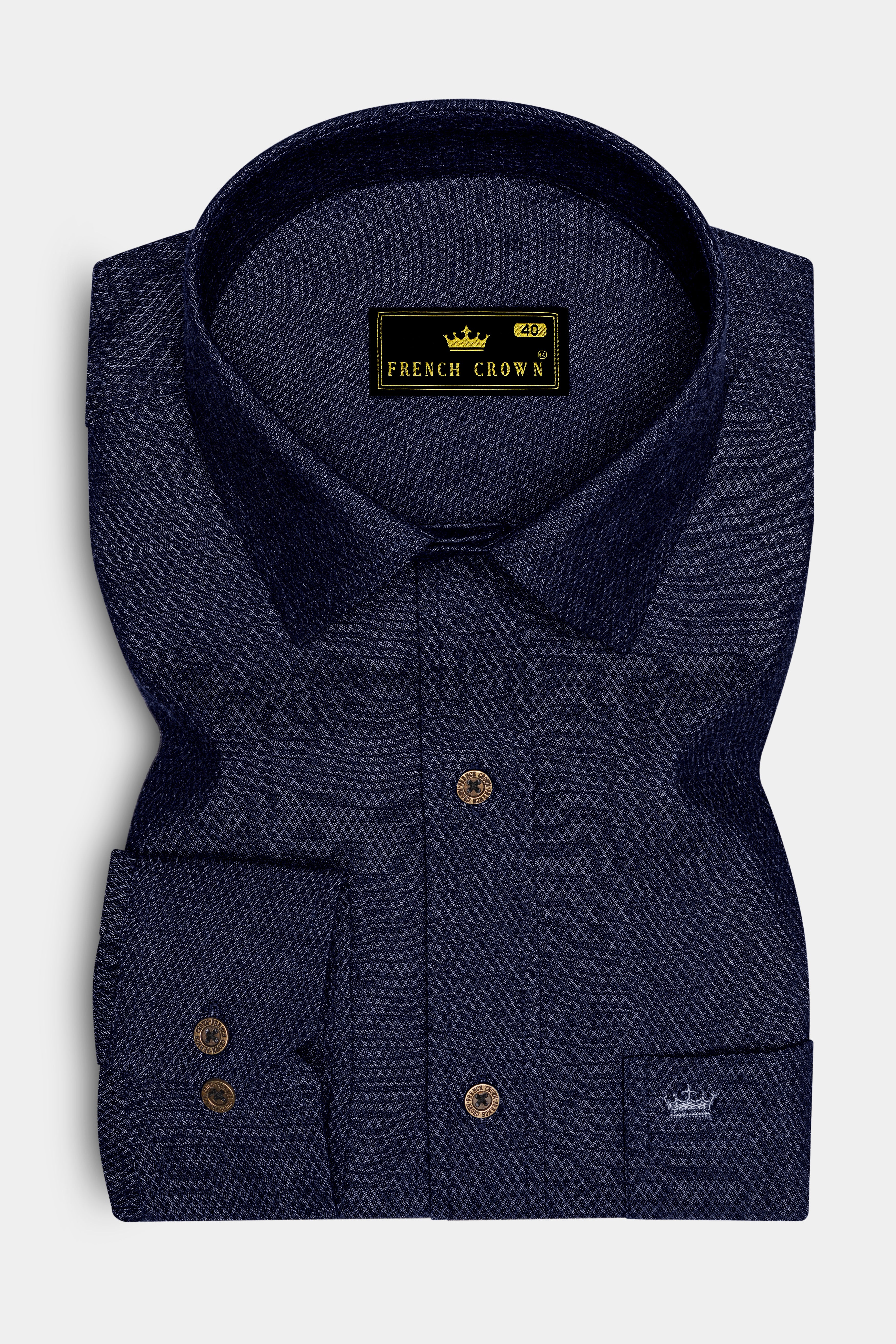 Hexivra-Cinder Denim Blue Honeycomb Dobby Textured Super Soft Premium Cotton Casual Shirt