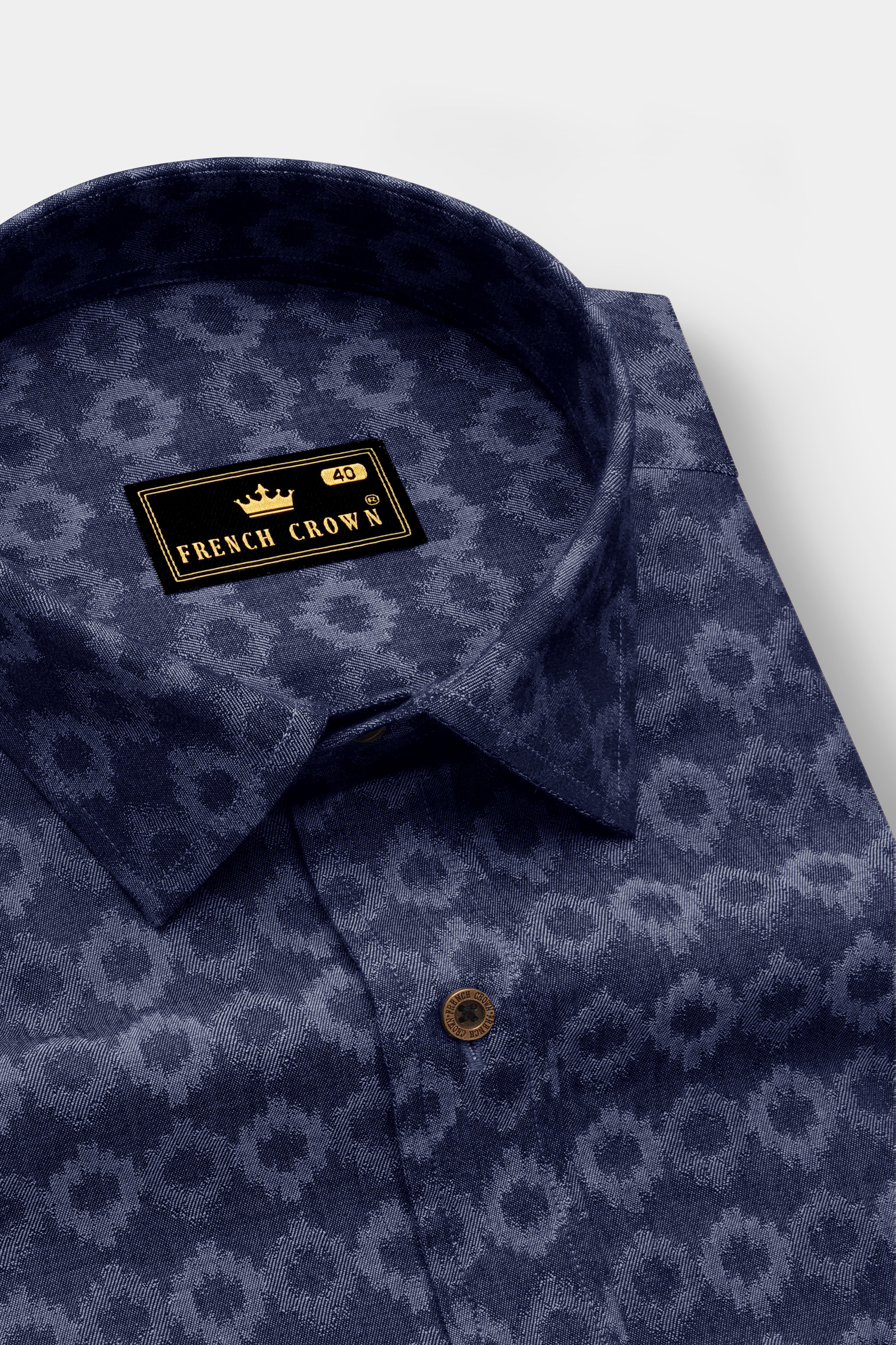 Cirnova-Vintage Denim Blue Circular Ikat Textured Super Soft Premium Cotton Casual Shirt