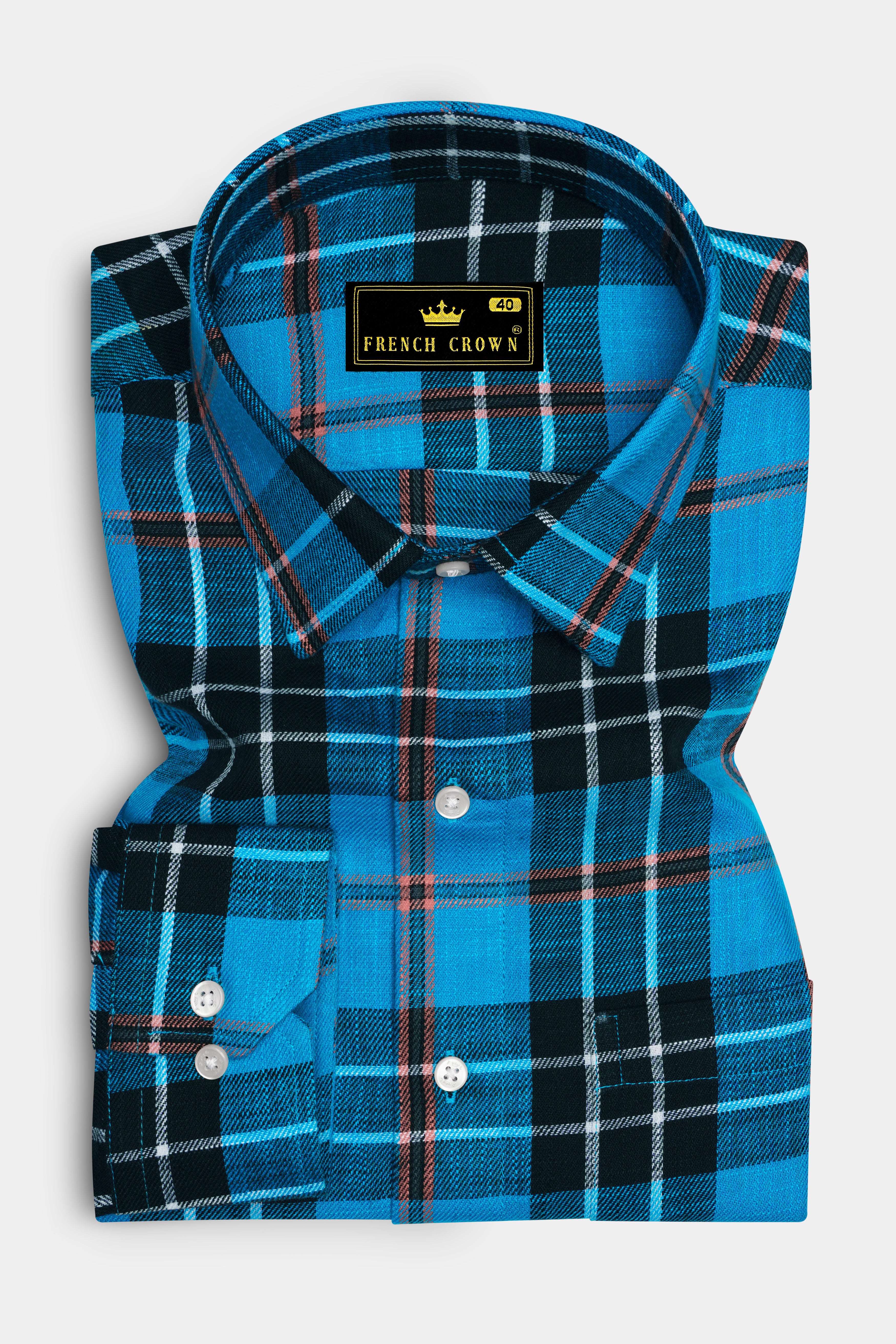 Marnero-Pacific Blue And Cinder Black Plaid Twill Premium Cotton Casual Shirt
