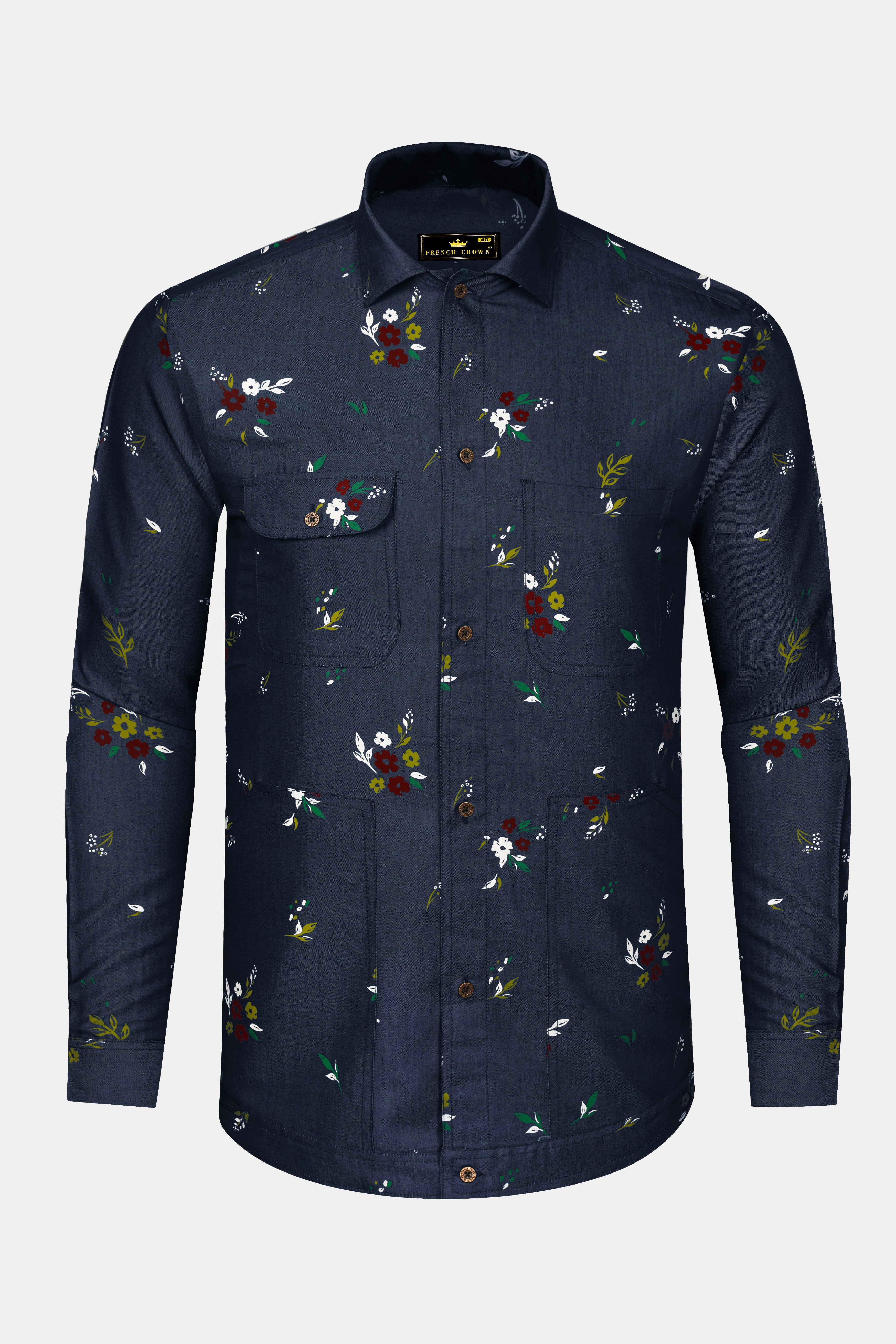 Scafloris-Mirage Blue Scattered Floral Printed Heavyweight Premium Cotton Casual Denim Overshirts