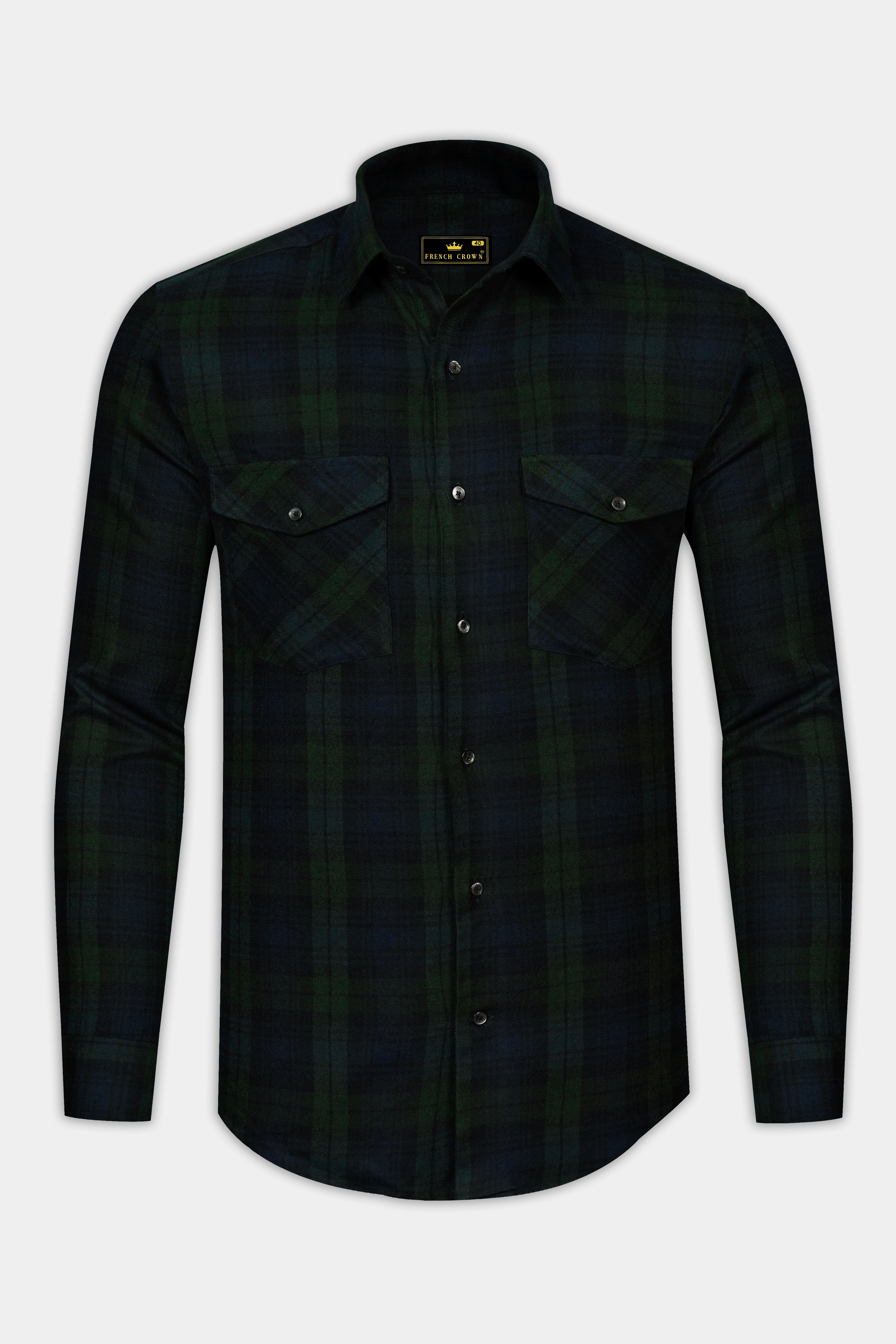 Virenzo-Racing Green Plaid Heavyweight Super Soft Premium Flannel Cotton Casual Overshirt