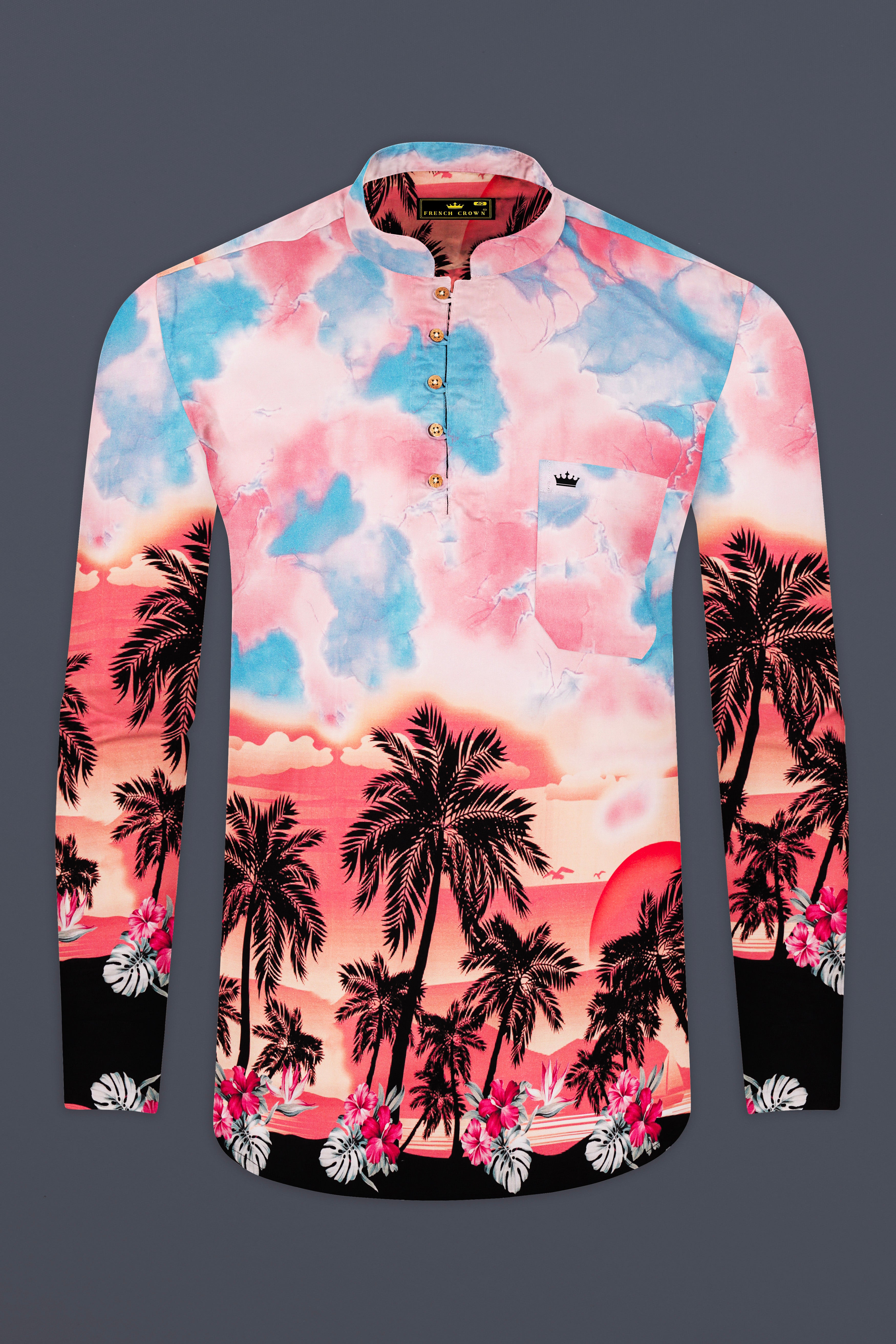 Azzoria-Turkish Pink And Carolina Blue Tropical Sunset Printed Premium Cotton Casual Kurta Shirt