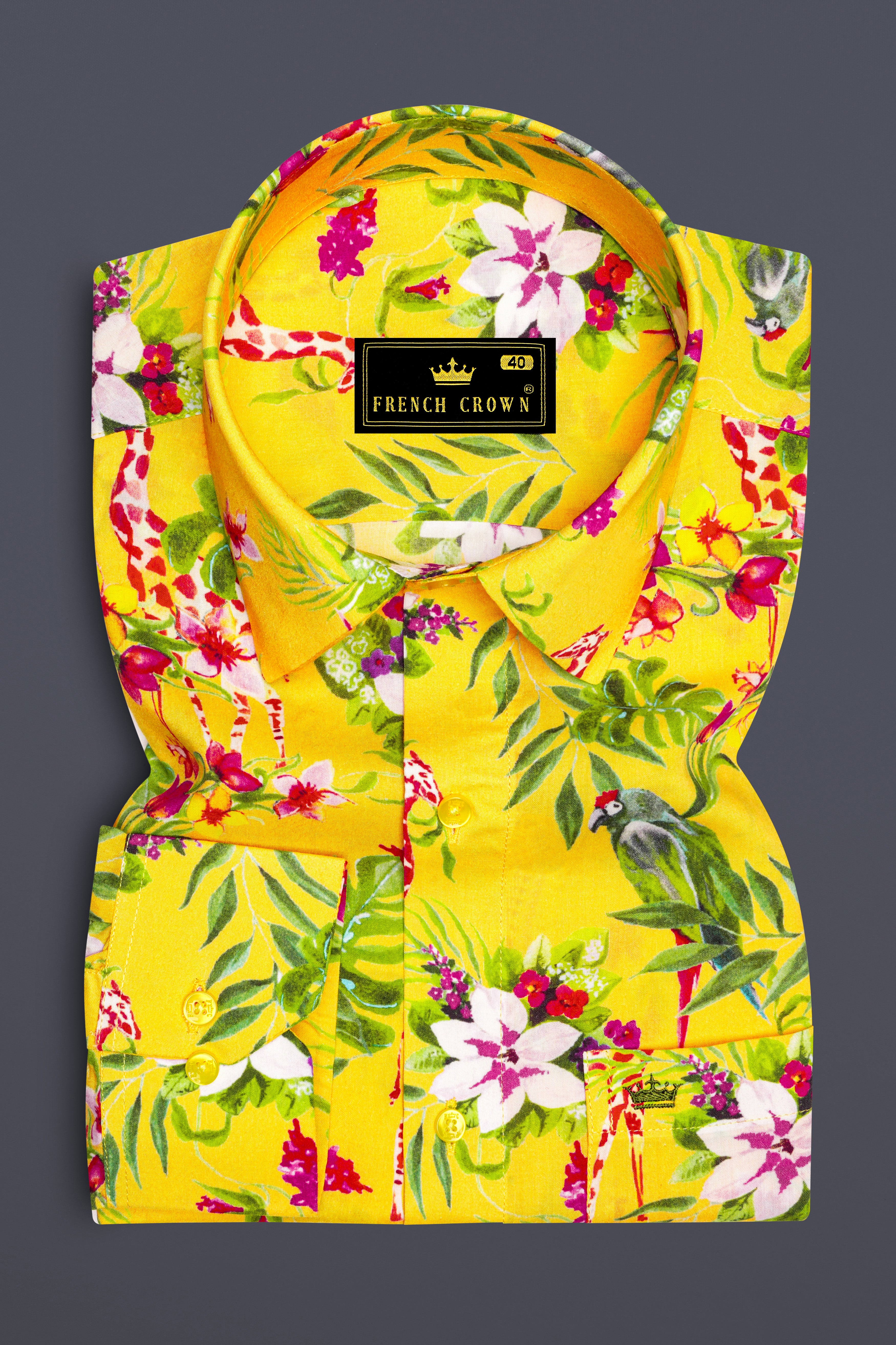 Aurevia-Supernova Yellow And Mustard Green Floral Printed Light weight Premium Giza Cotton Casual Shirt