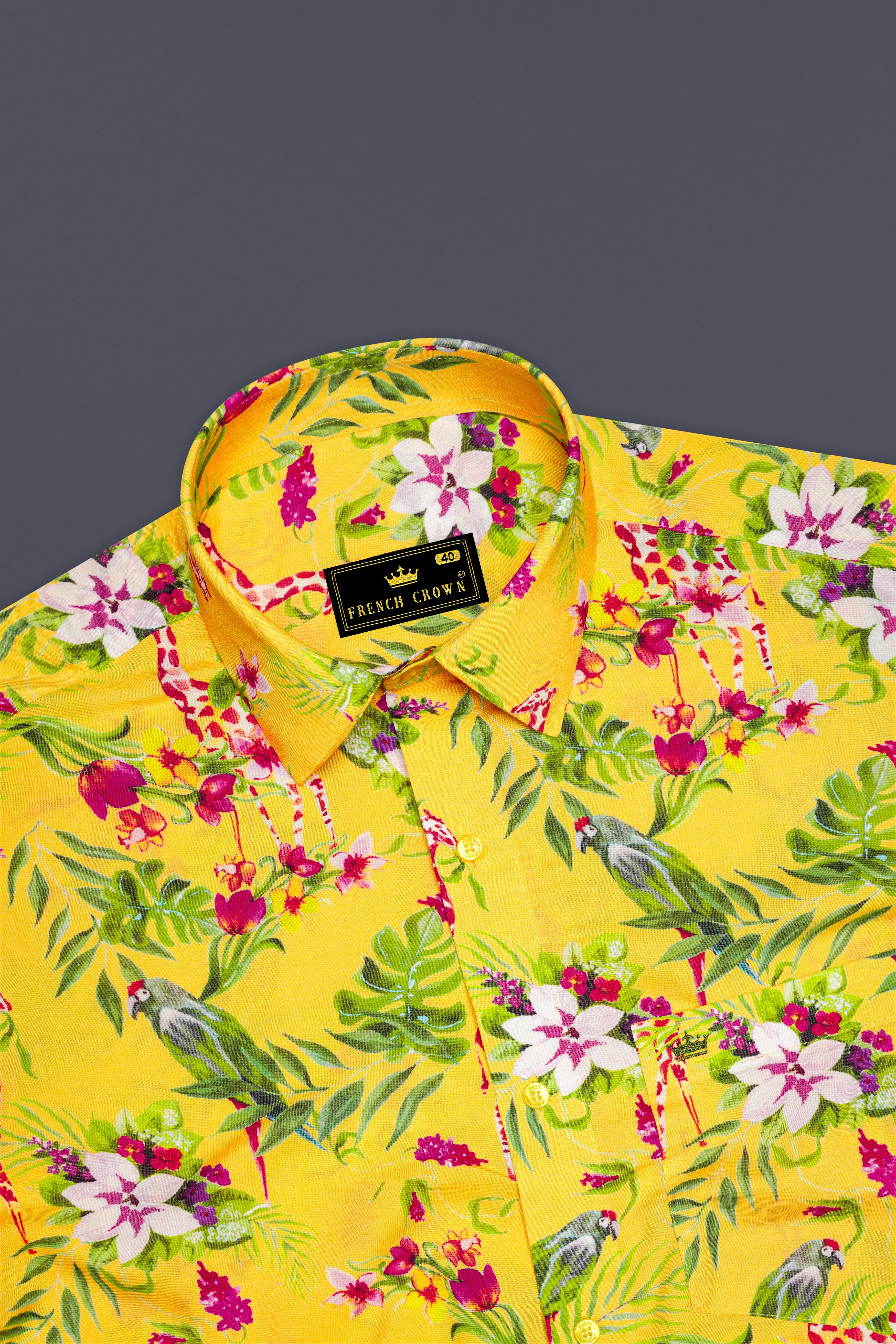 Aurevia-Supernova Yellow And Mustard Green Floral Printed Light weight Premium Giza Cotton Casual Shirt