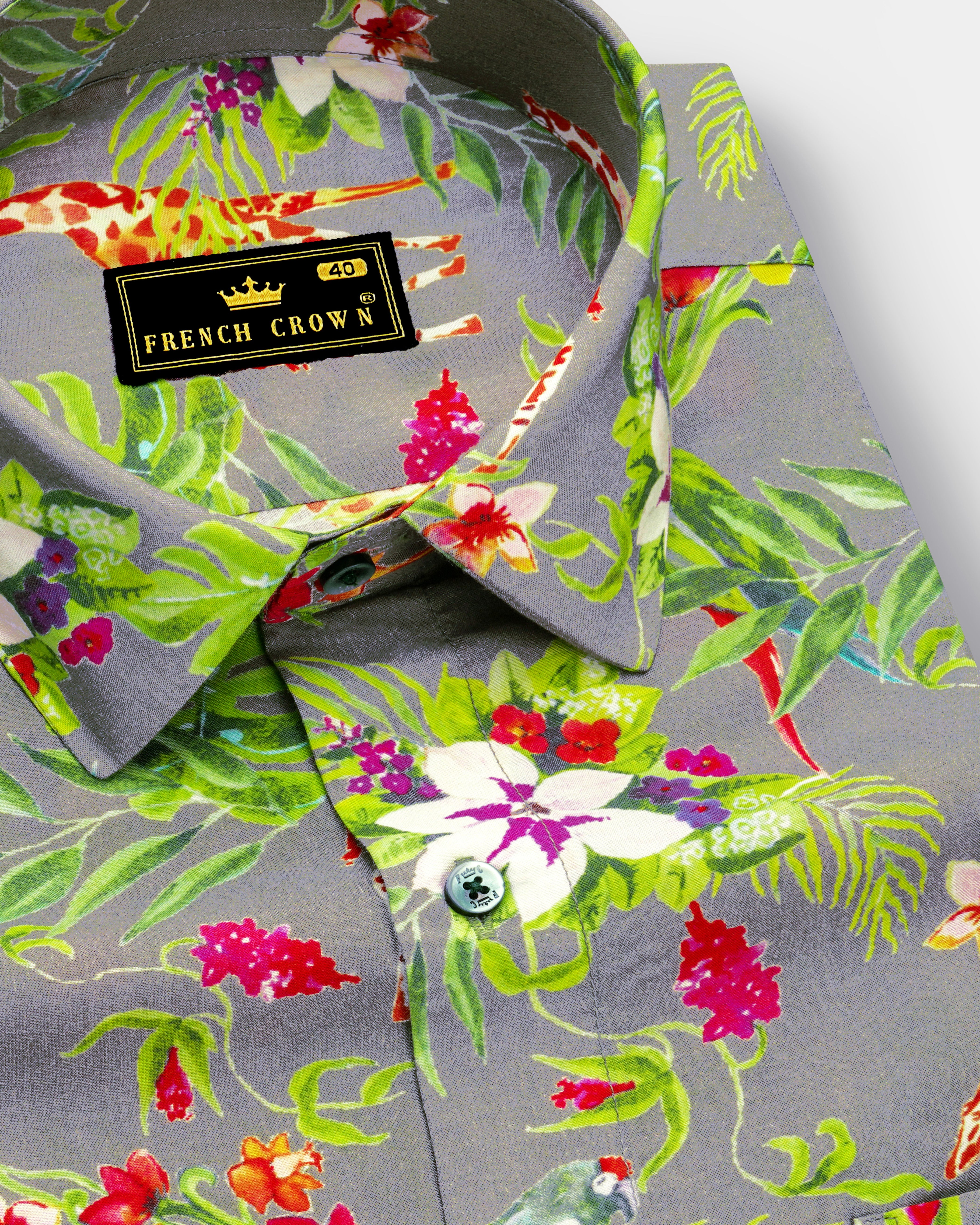 Cinerflo-Friar Gray And Forest Green Floral Printed Super Soft Premium Giza Cotton Casual Shirt