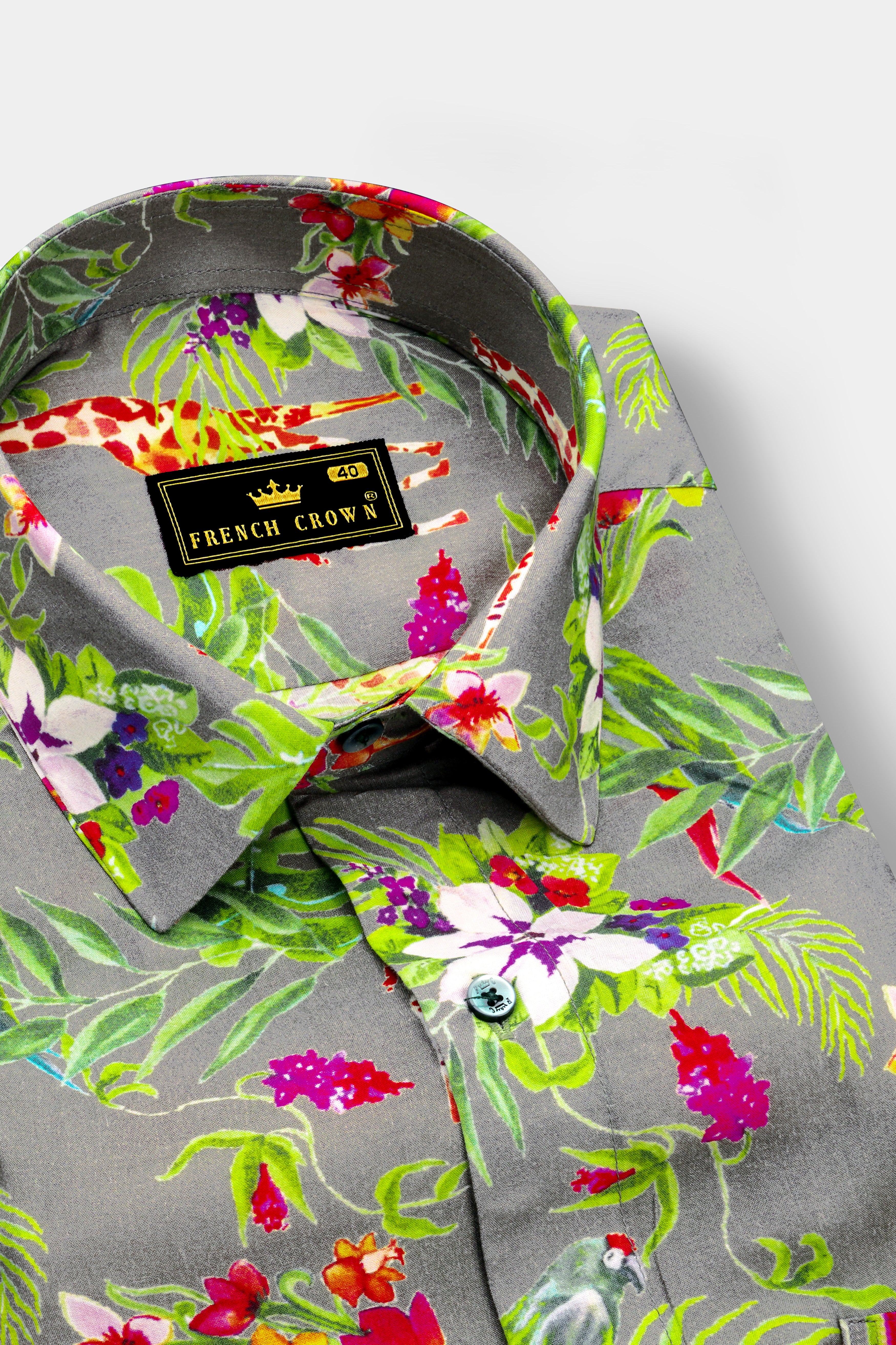 Cinerflo-Friar Gray And Forest Green Floral Printed Super Soft Premium Giza Cotton Casual Shirt