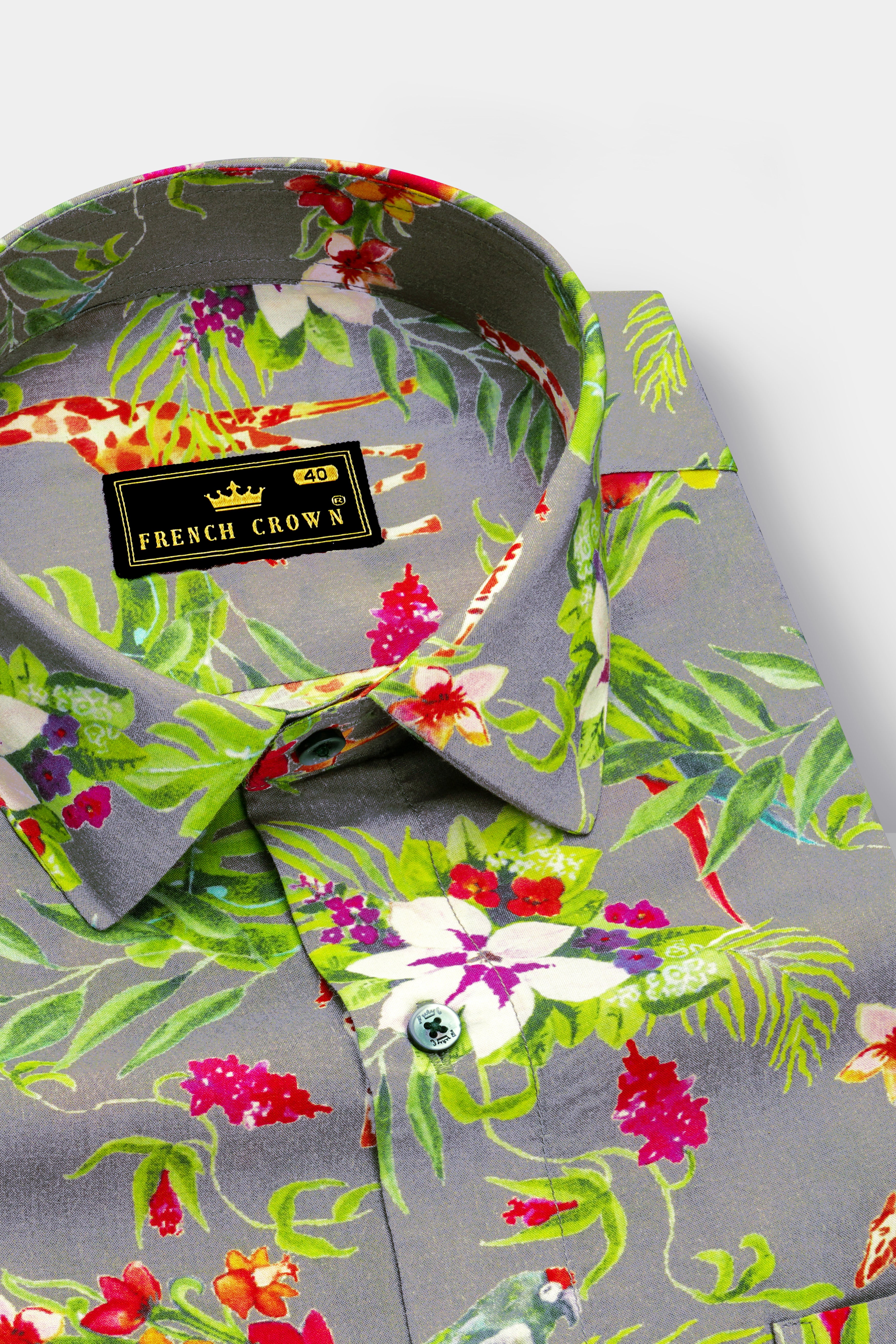 Cinerflo-Friar Gray And Forest Green Floral Printed Super Soft Premium Giza Cotton Casual Shirt