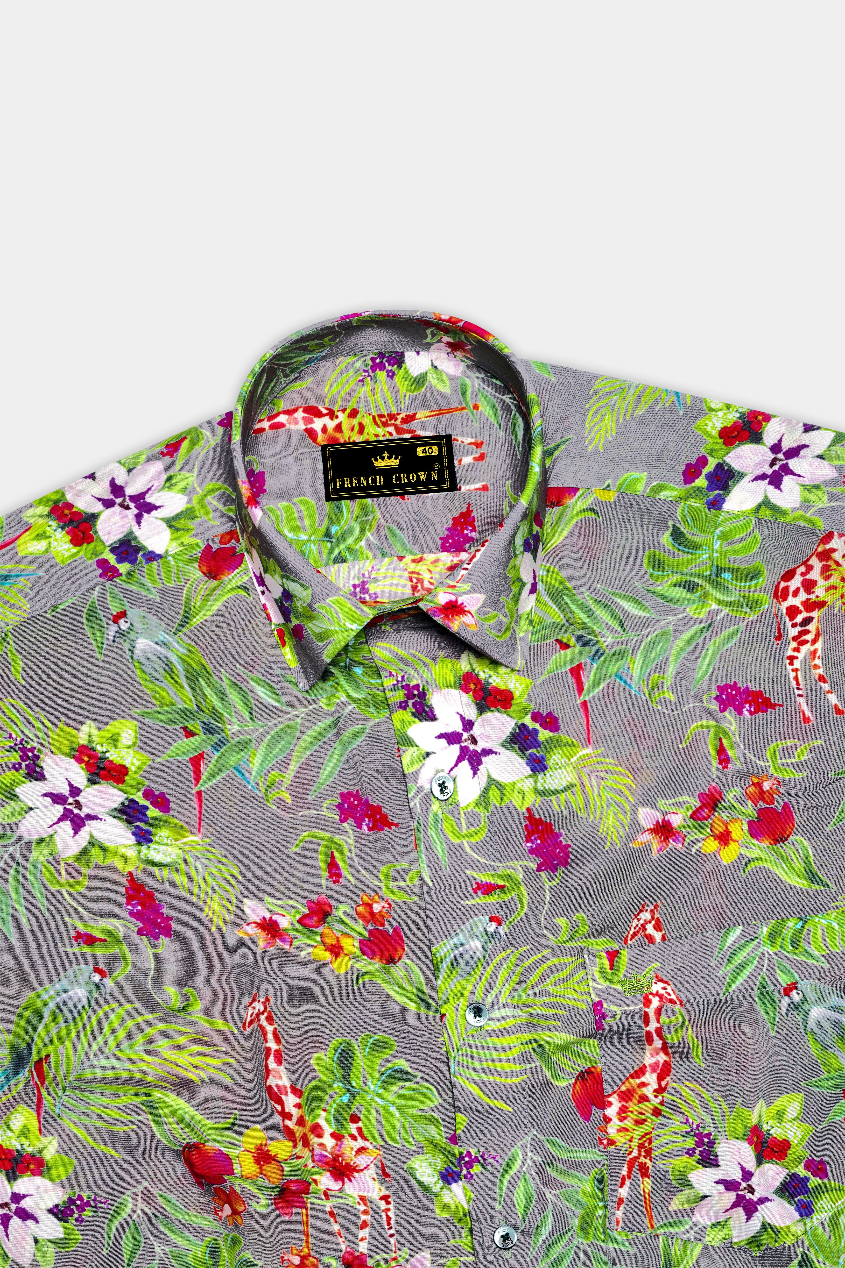 Cinerflo-Friar Gray And Forest Green Floral Printed Super Soft Premium Giza Cotton Casual Shirt