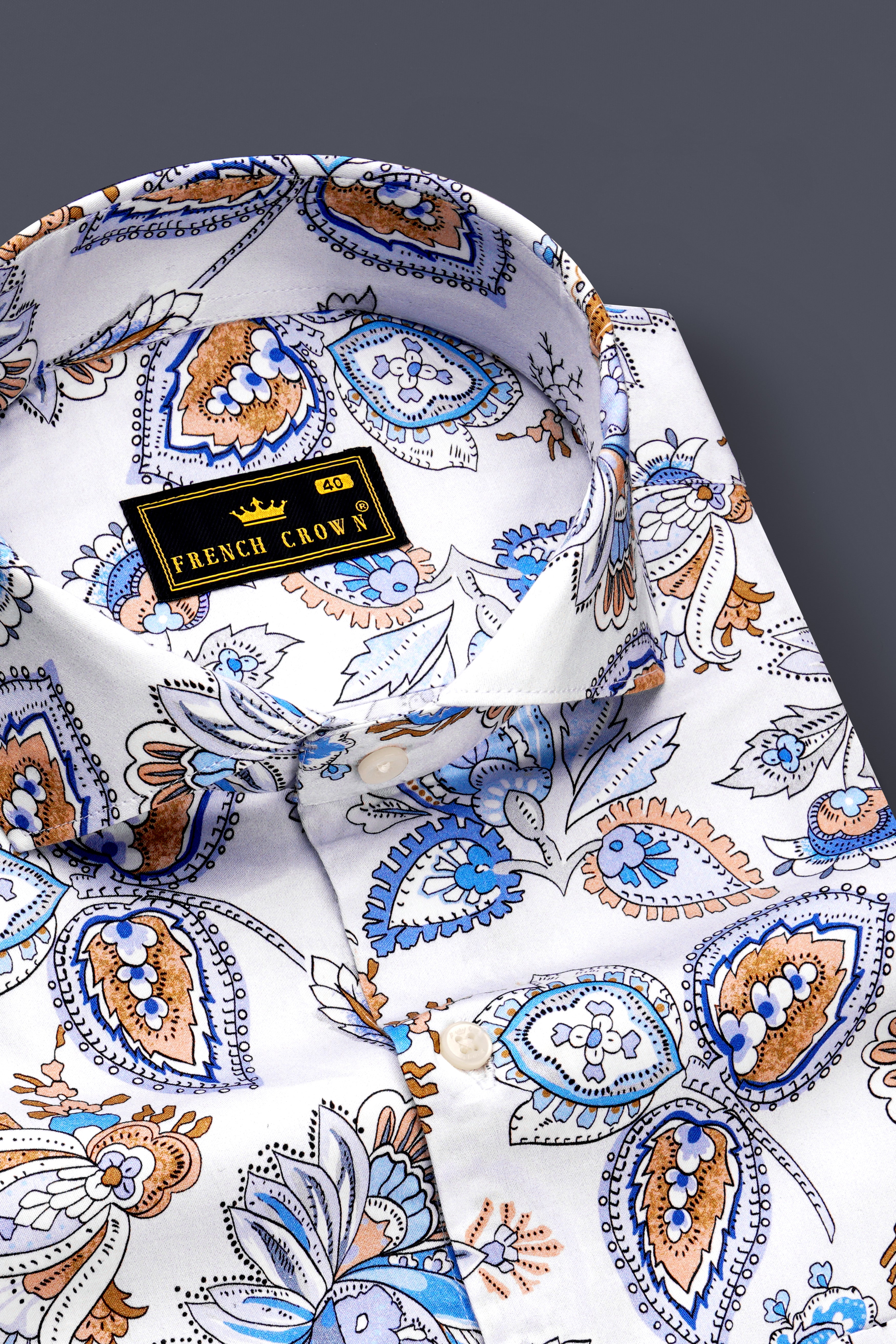 Florenzor-Bright White And Celestial Blue Paisley Prinited Subtle Sheen Super Soft Premium Cotton Casual Shirt