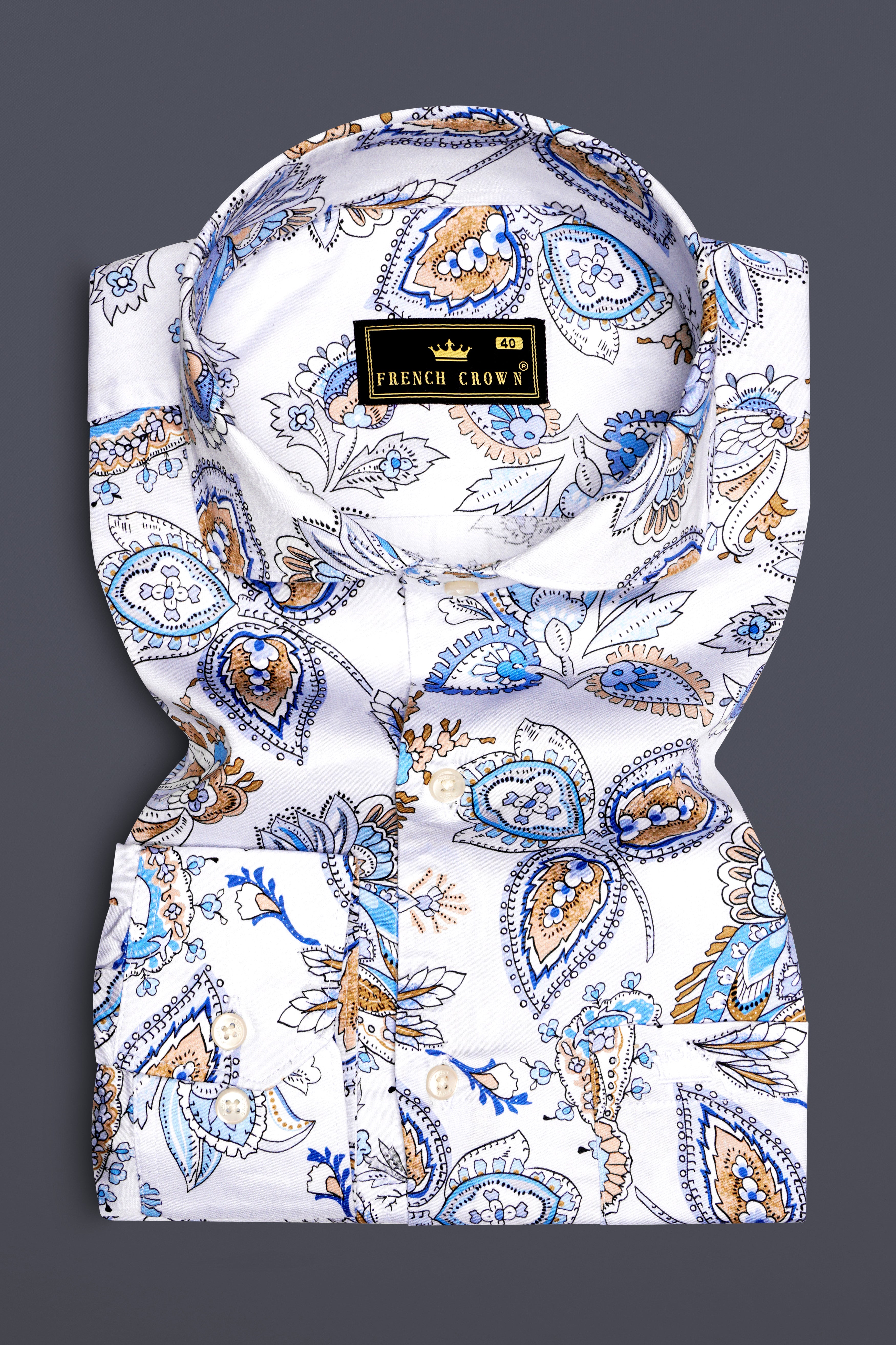 Florenzor-Bright White And Celestial Blue Paisley Prinited Subtle Sheen Super Soft Premium Cotton Casual Shirt