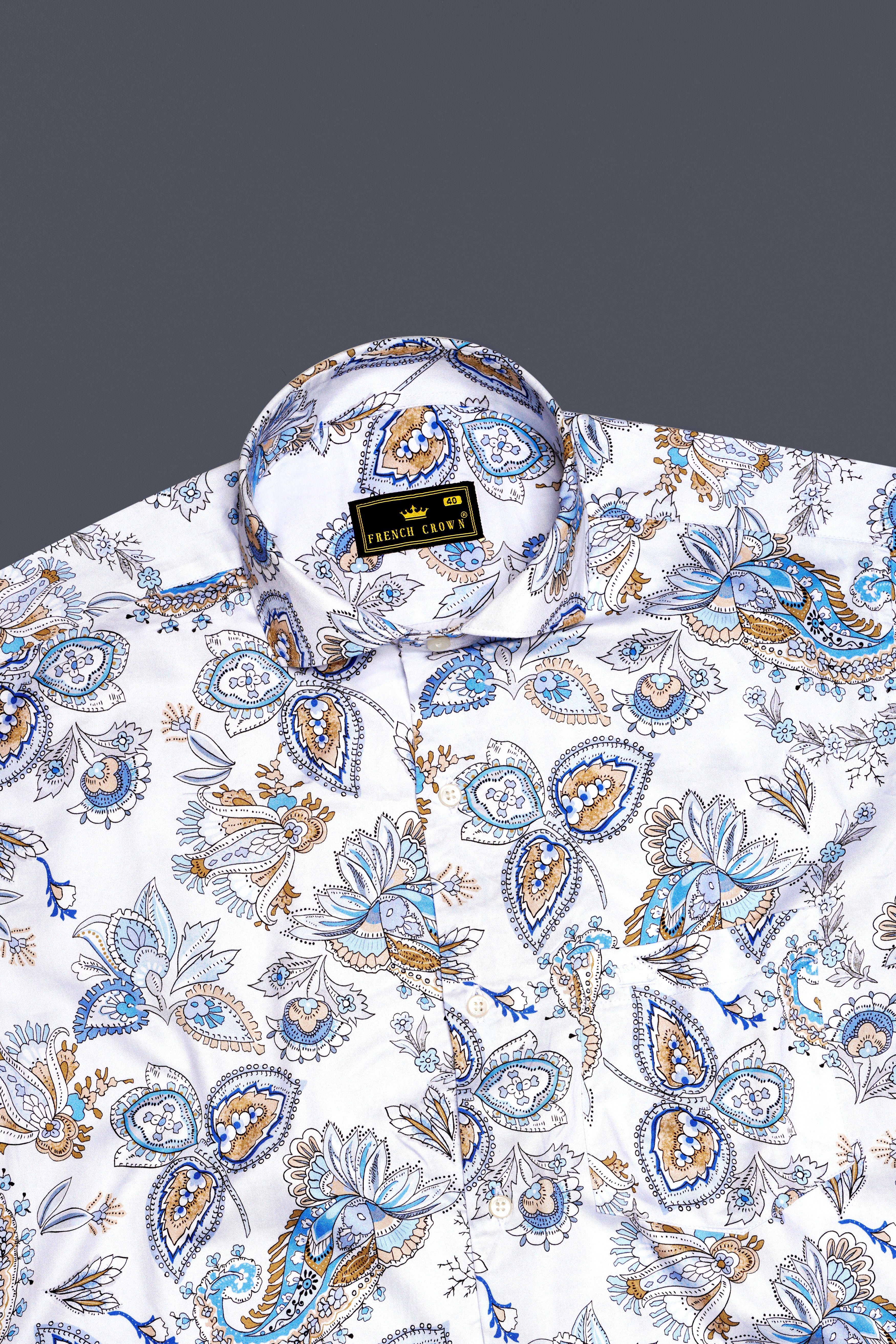 Florenzor-Bright White And Celestial Blue Paisley Prinited Subtle Sheen Super Soft Premium Cotton Casual Shirt