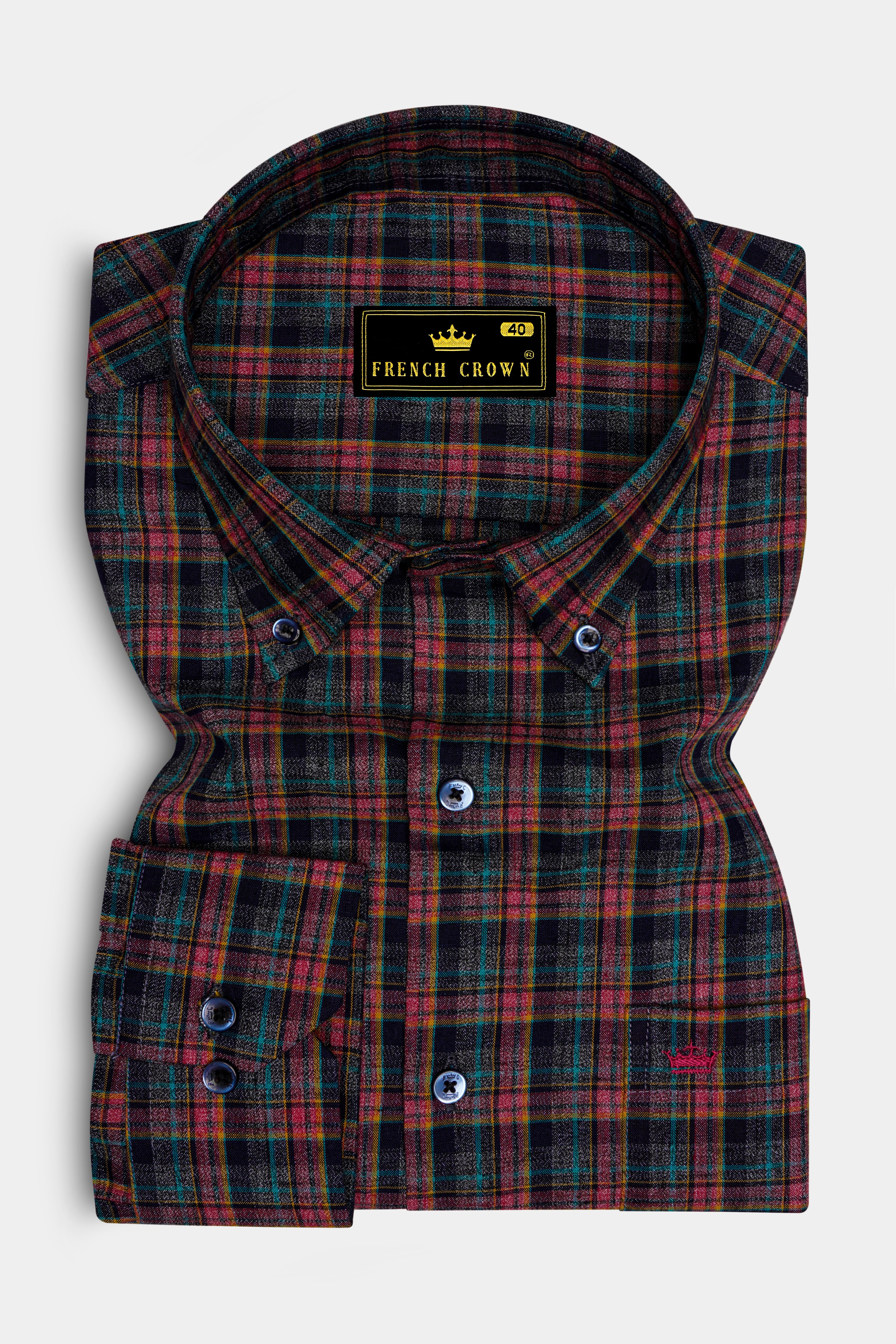 Rubenzo-Bole Red And Petrol Blue Plaid Dobby Textured Super Soft Premium Cotton Dress Shirt