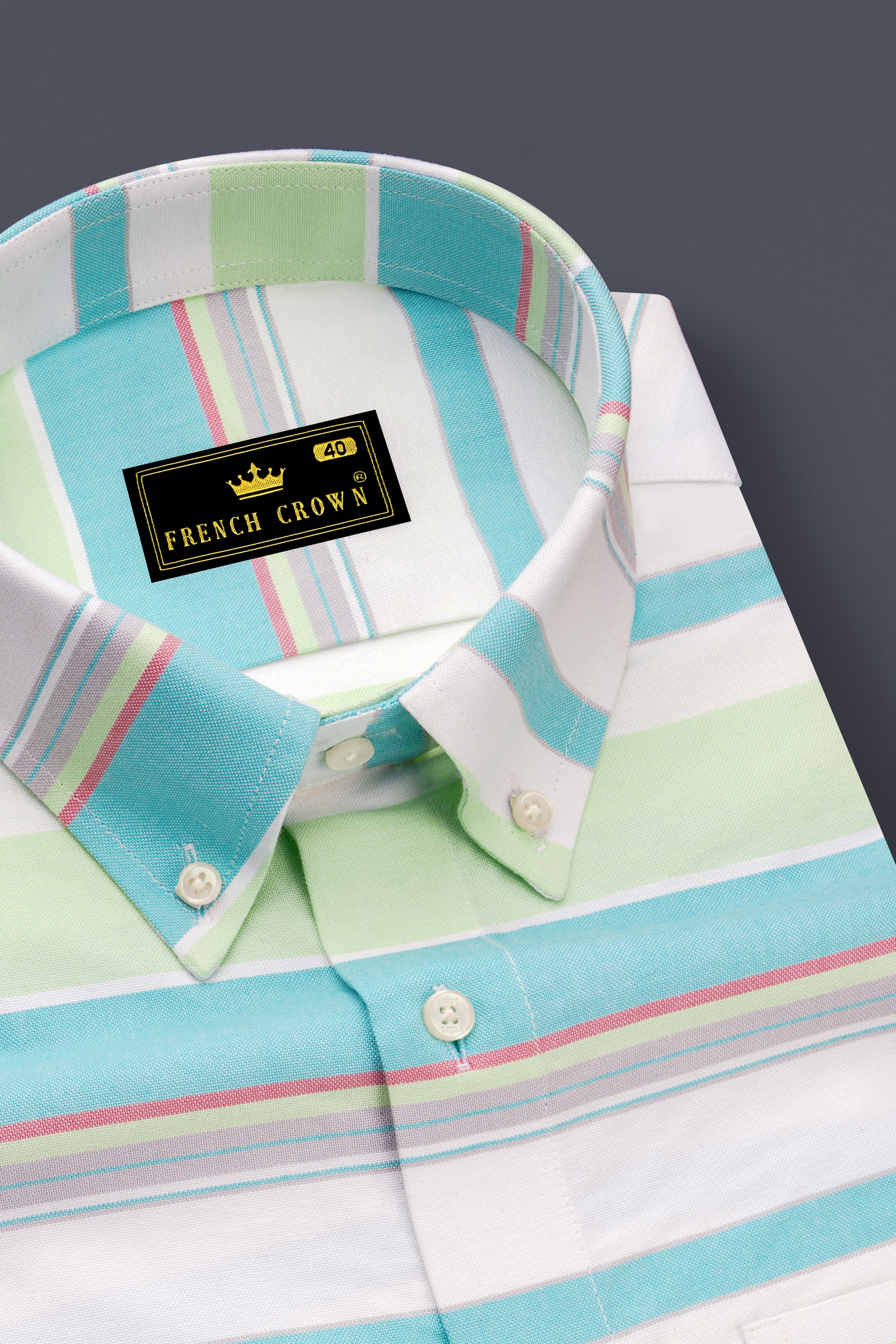 Oceverde-Bermuda Blue And Sprout Green Bayadere Striped Heavy Weight Oxford Premium Cotton Casual Shirt