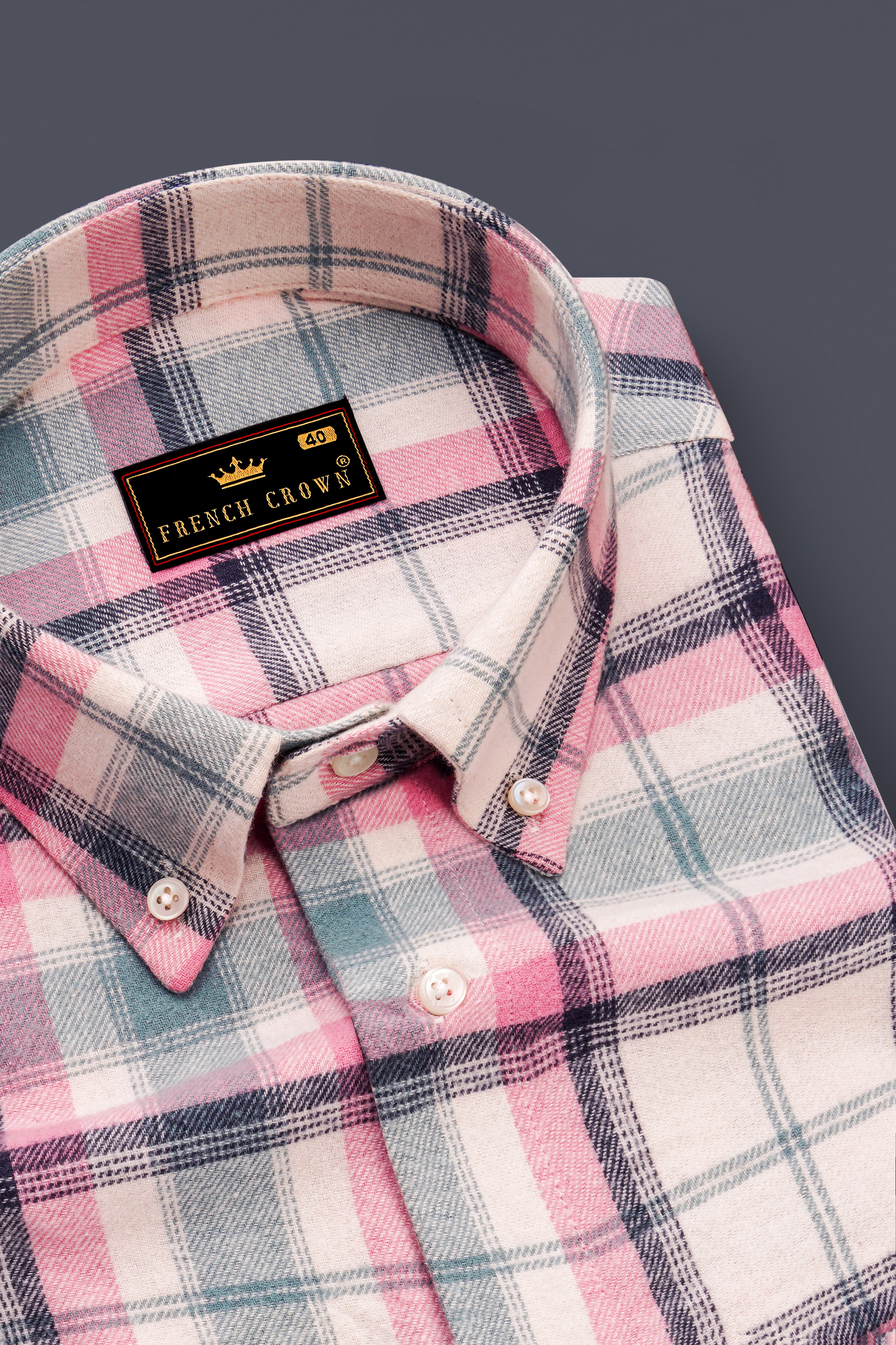 Rosavon-Thulian Pink And Vanilla Cream Plaid Heavyweight Premium Flannel Cotton Casual Shirt