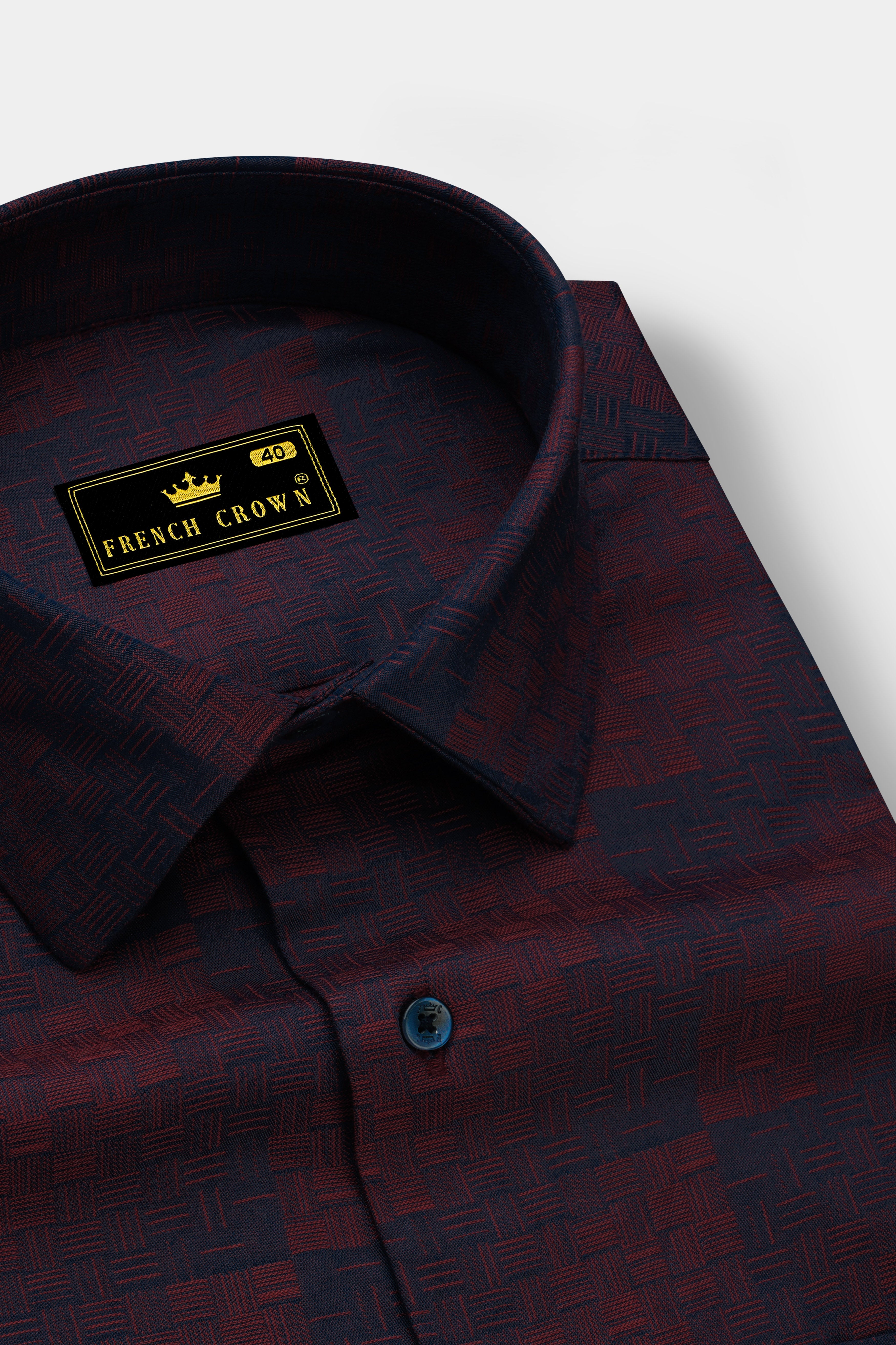 Azureno-Haiti Blue And Berry Red Jacquard Textured Premium Cotton Dress Shirt