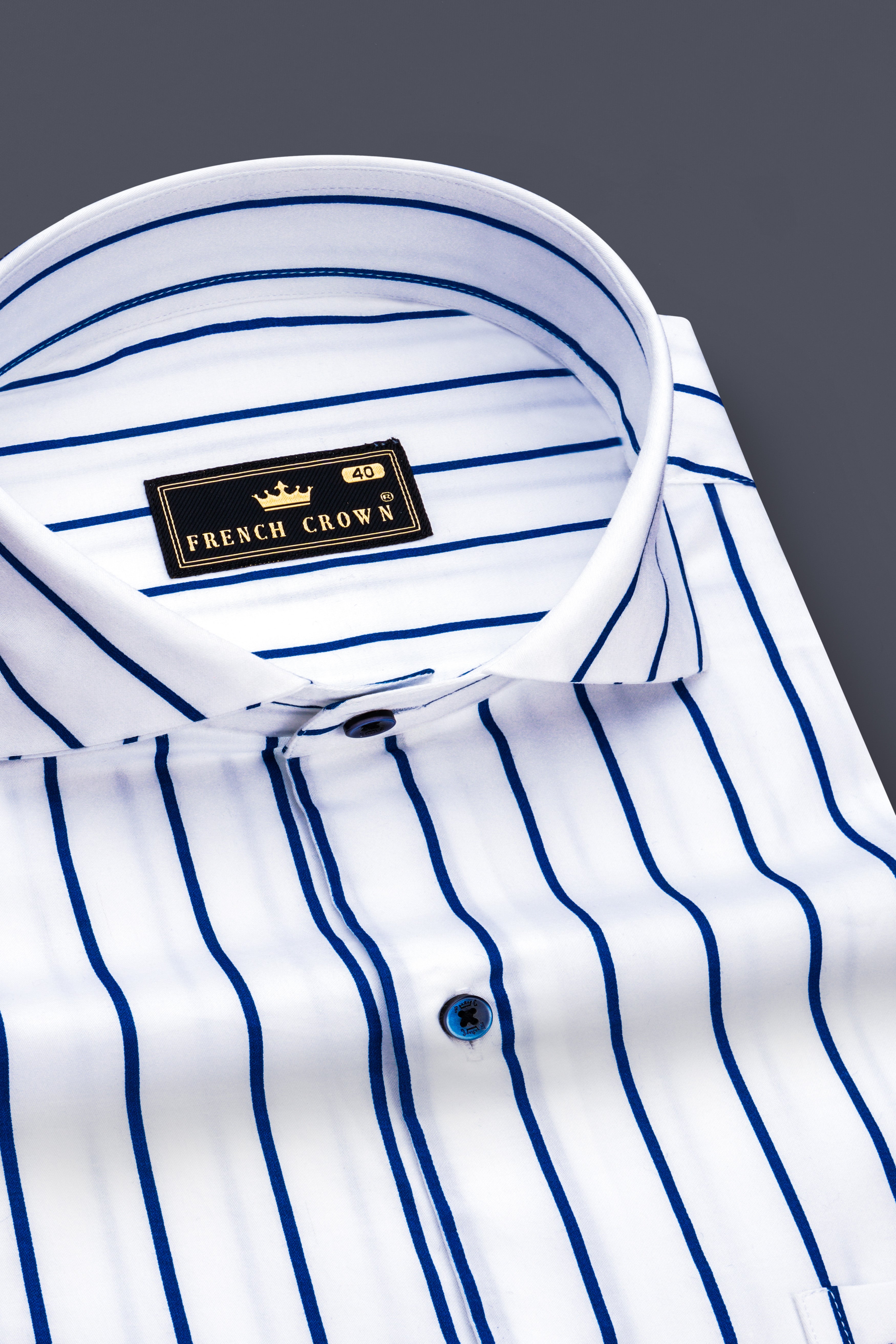 Lustrivon-Bright White And Downriver Blue Pin Striped Subtle Sheen Super Soft Premium Cotton Cut Away Collar Dress Shirt