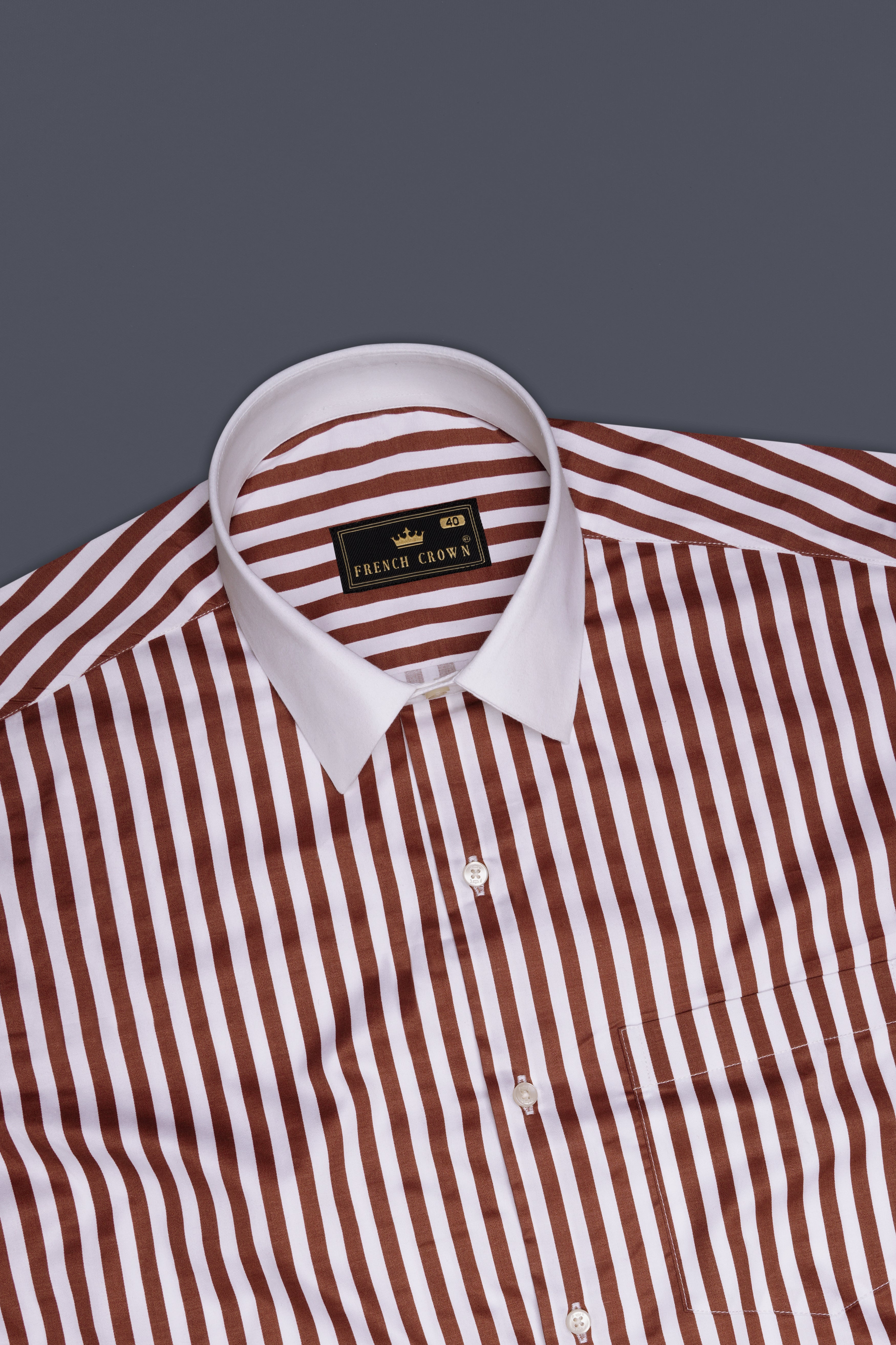 Brunoro-Ironstone Brown And Bright White Candy Striped Subtle Sheen Super Soft Premium Cotton White Cuff Collar Dress Shirt
