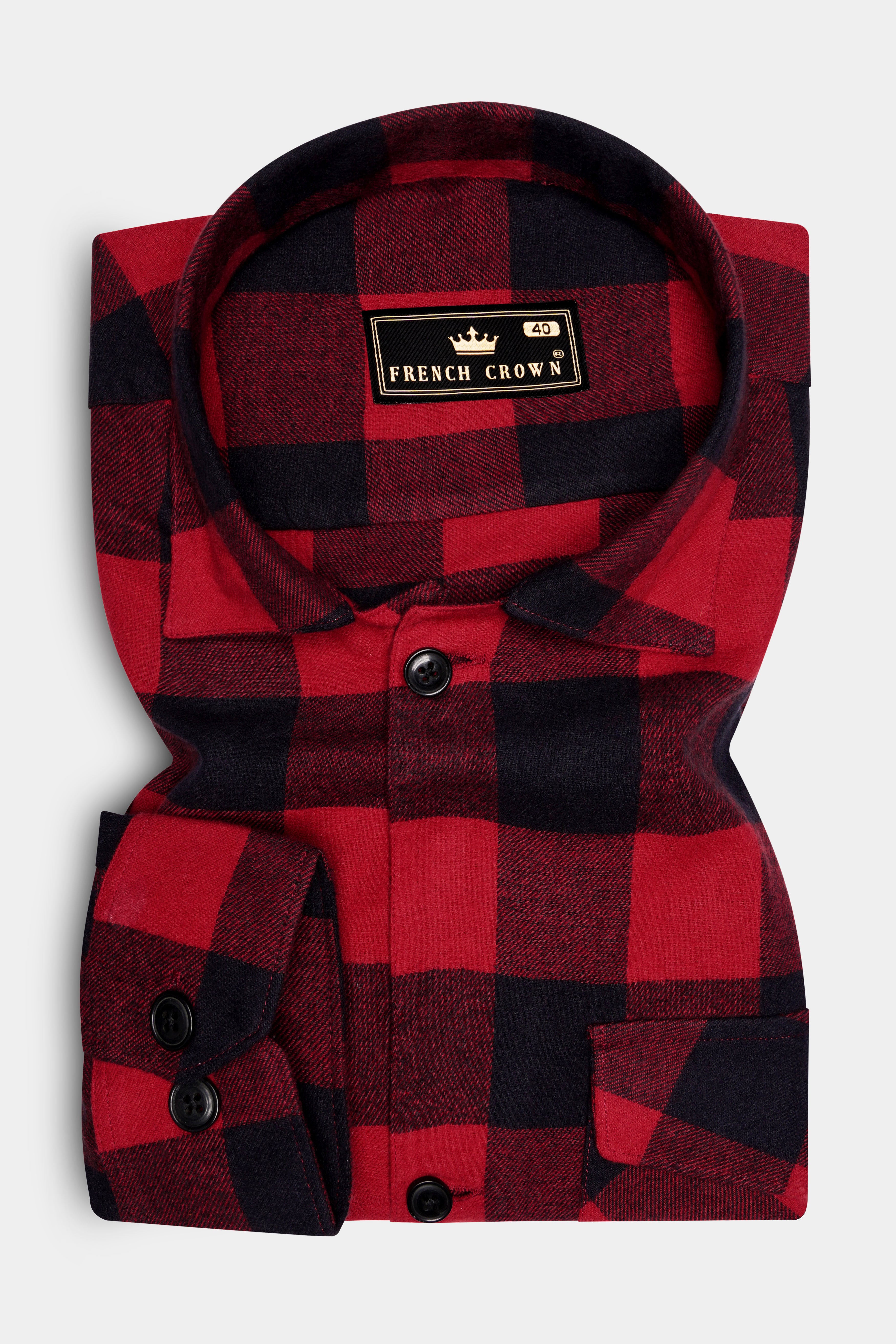 Flanvoro-Cornell Red And Jade Black Plaid Flannel Designer Overhirt/Shacket