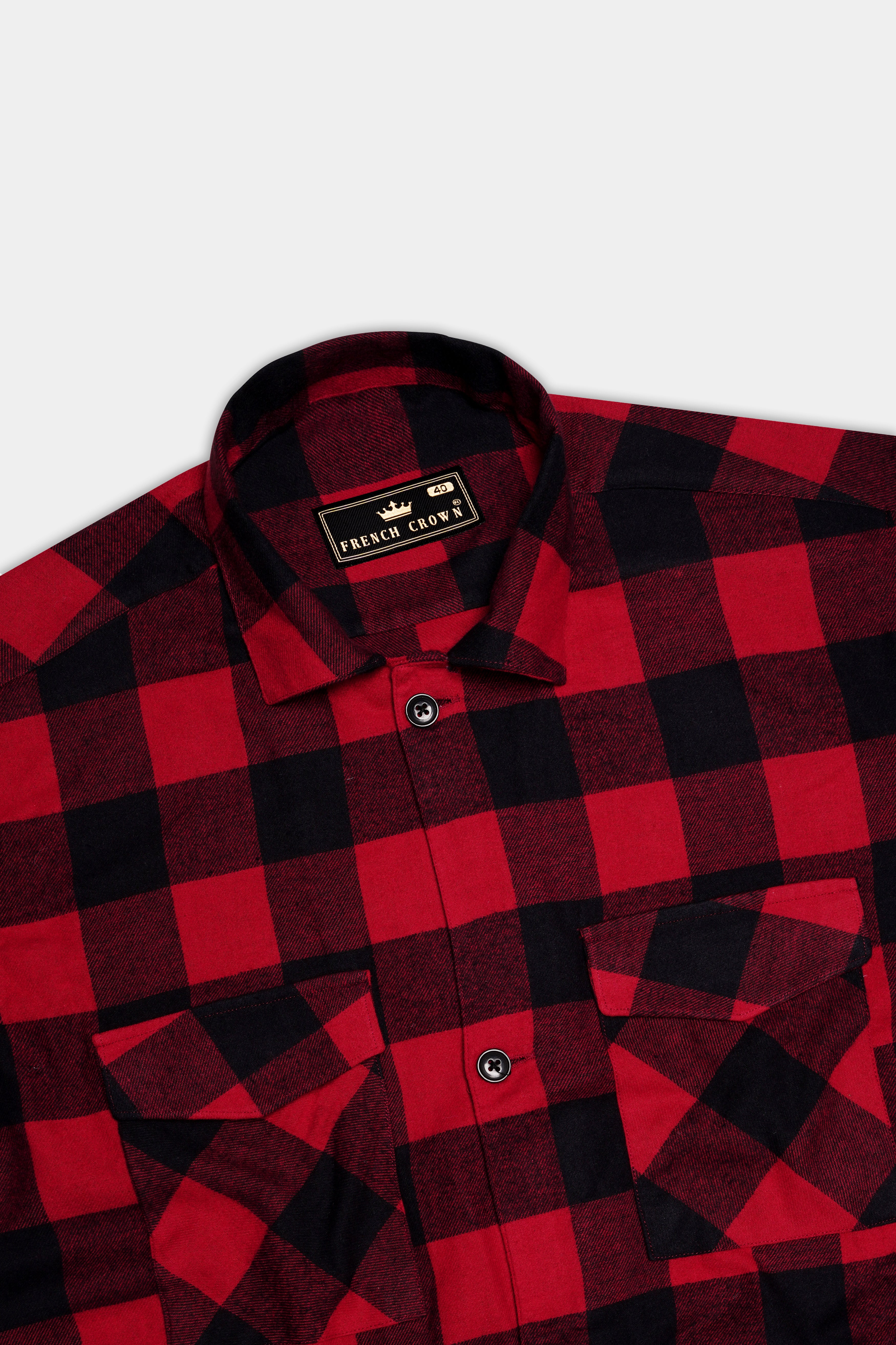 Flanvoro-Cornell Red And Jade Black Plaid Flannel Designer Overhirt/Shacket