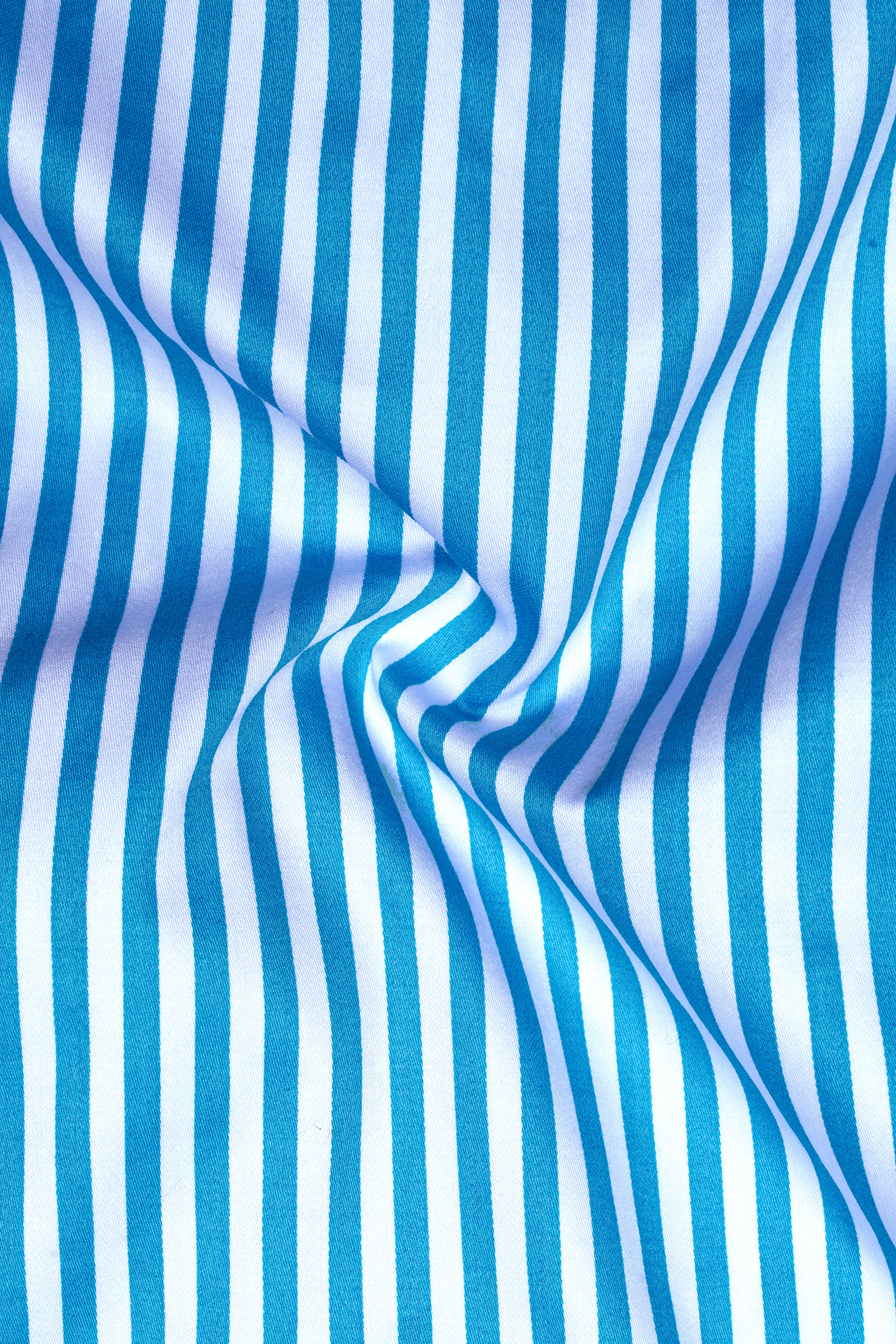 Aureline-Cerulean Blue And Bright White Candy Striped Super Soft Premium Cotton Formal White Cuff Collar Shirt