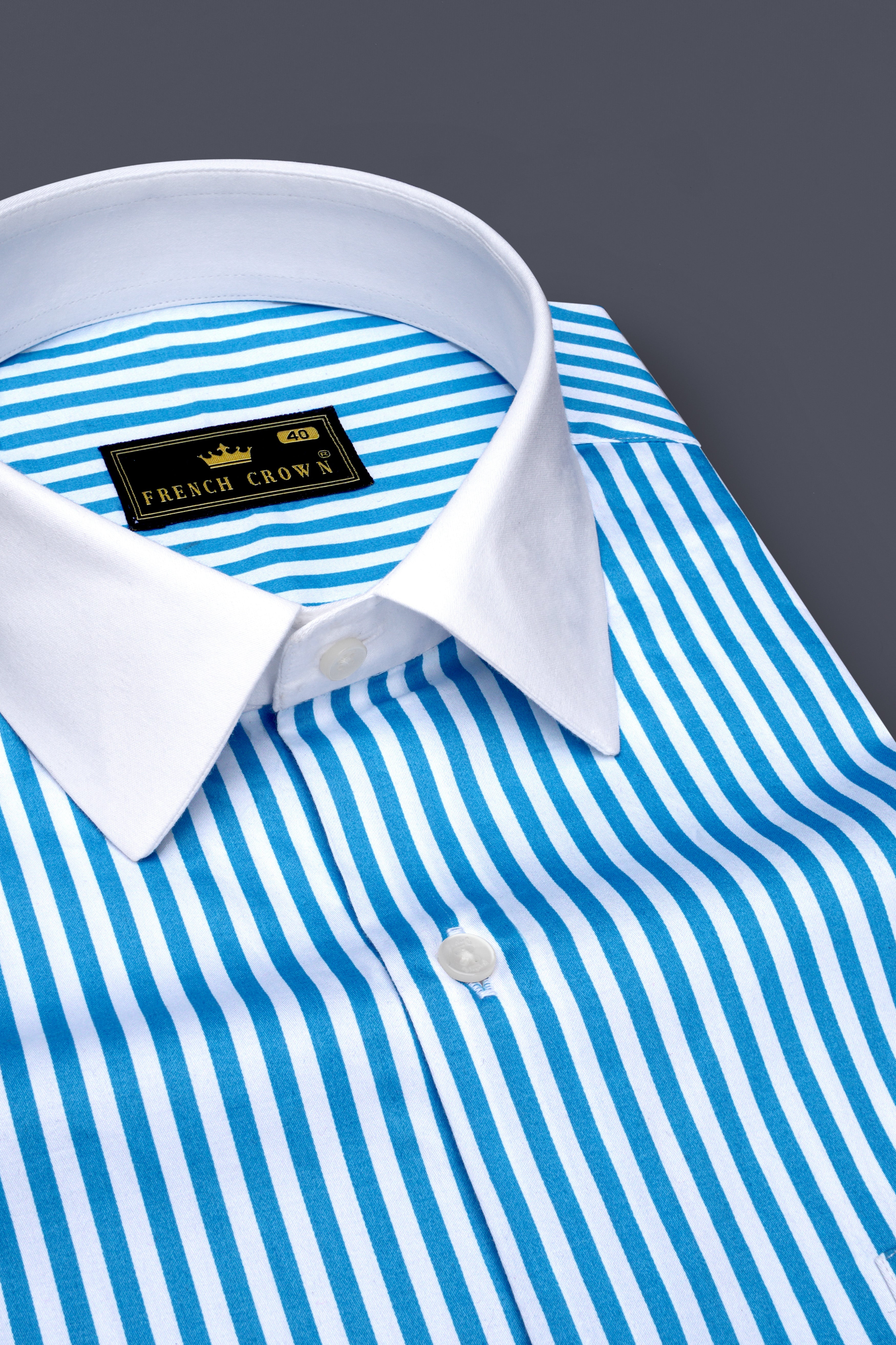 Aureline-Cerulean Blue And Bright White Candy Striped Super Soft Premium Cotton Formal White Cuff Collar Shirt