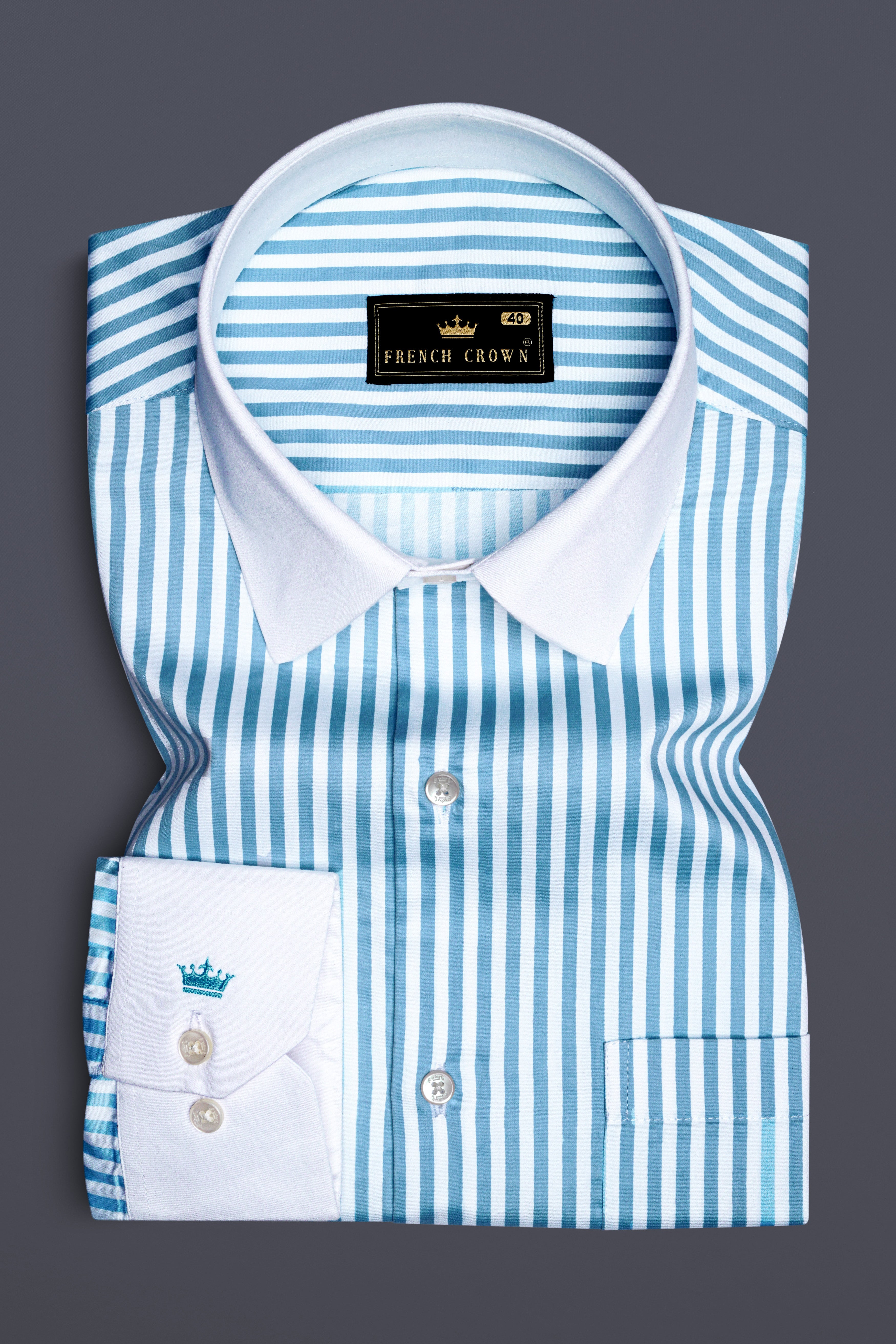 Ceruloro-Glacier Blue And Bright White Candy Striped Super Soft Premium Cotton Formal White Cuff Collar Shirt