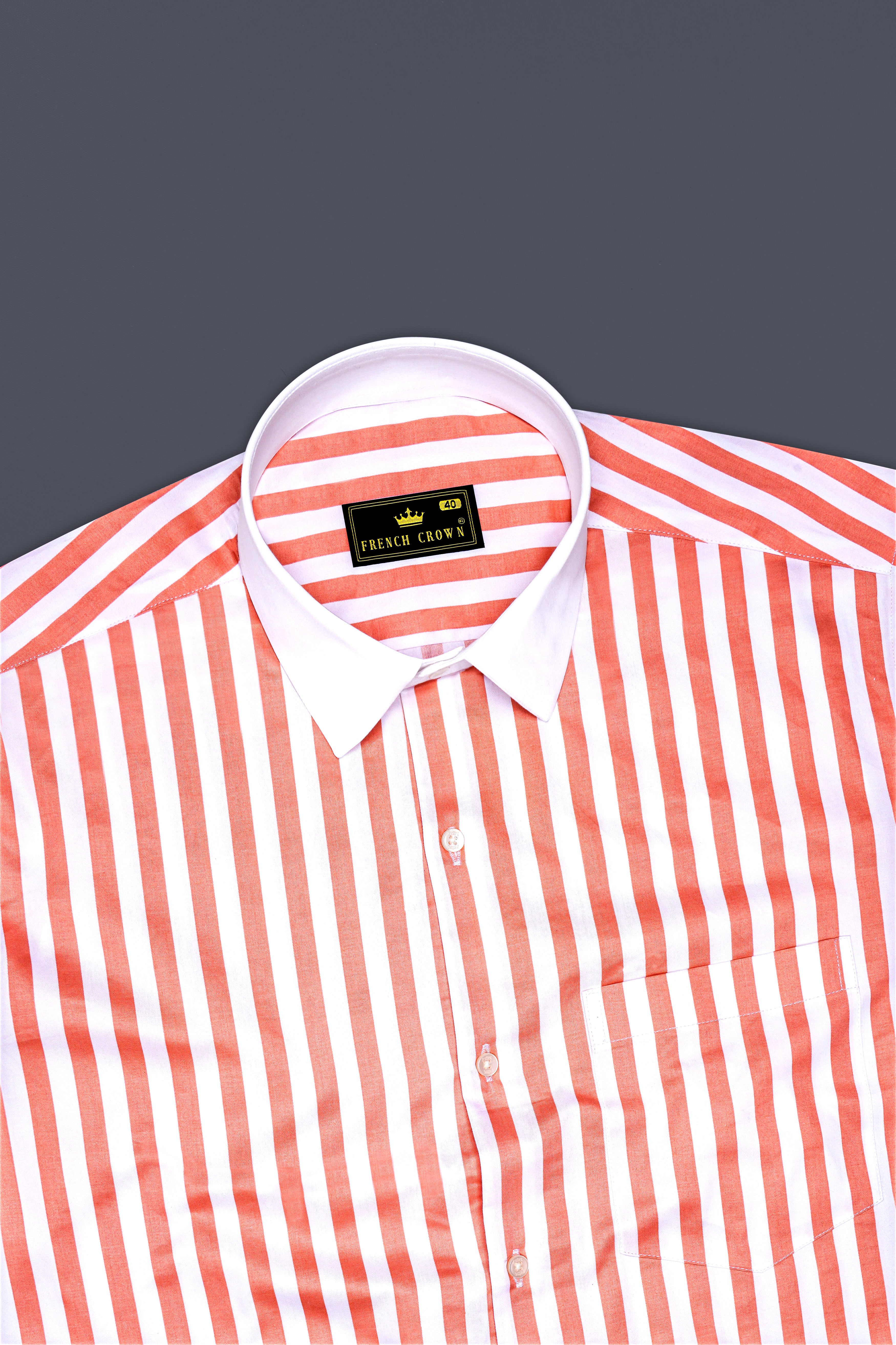 Strivaro-Apricot Peach And Bright White Awning Striped Super Soft Premium Cotton Formal White Cuff Collar Shirt