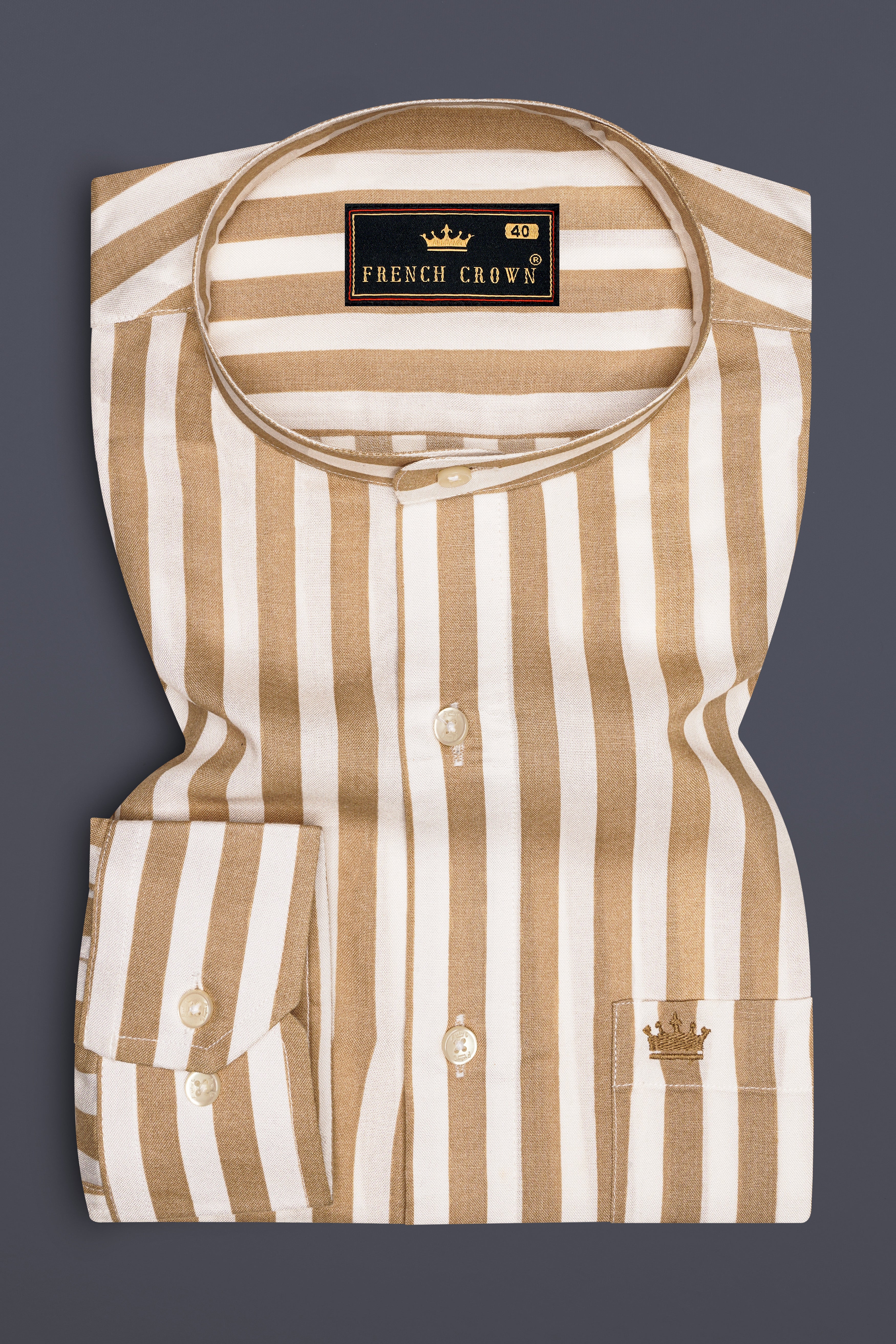 Brunoro-Sandy Brown And Bright White Striped Subtle Sheen Super Soft Premium Cotton Mandarin Dress Shirt