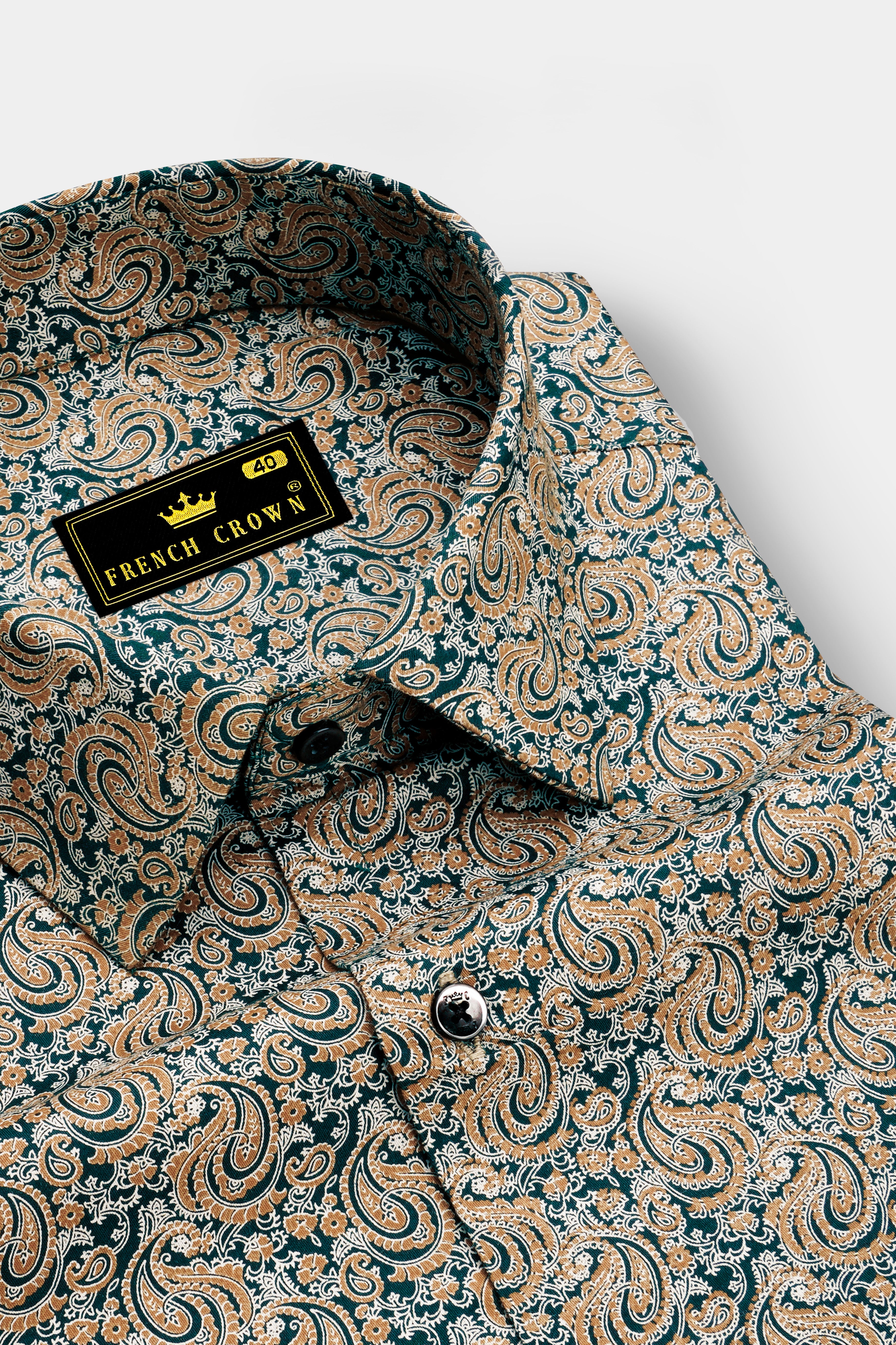 Florentis-Teal Green And Driftwood Brown Paisley Printed Premium Giza Cotton Semi Formal Shirt