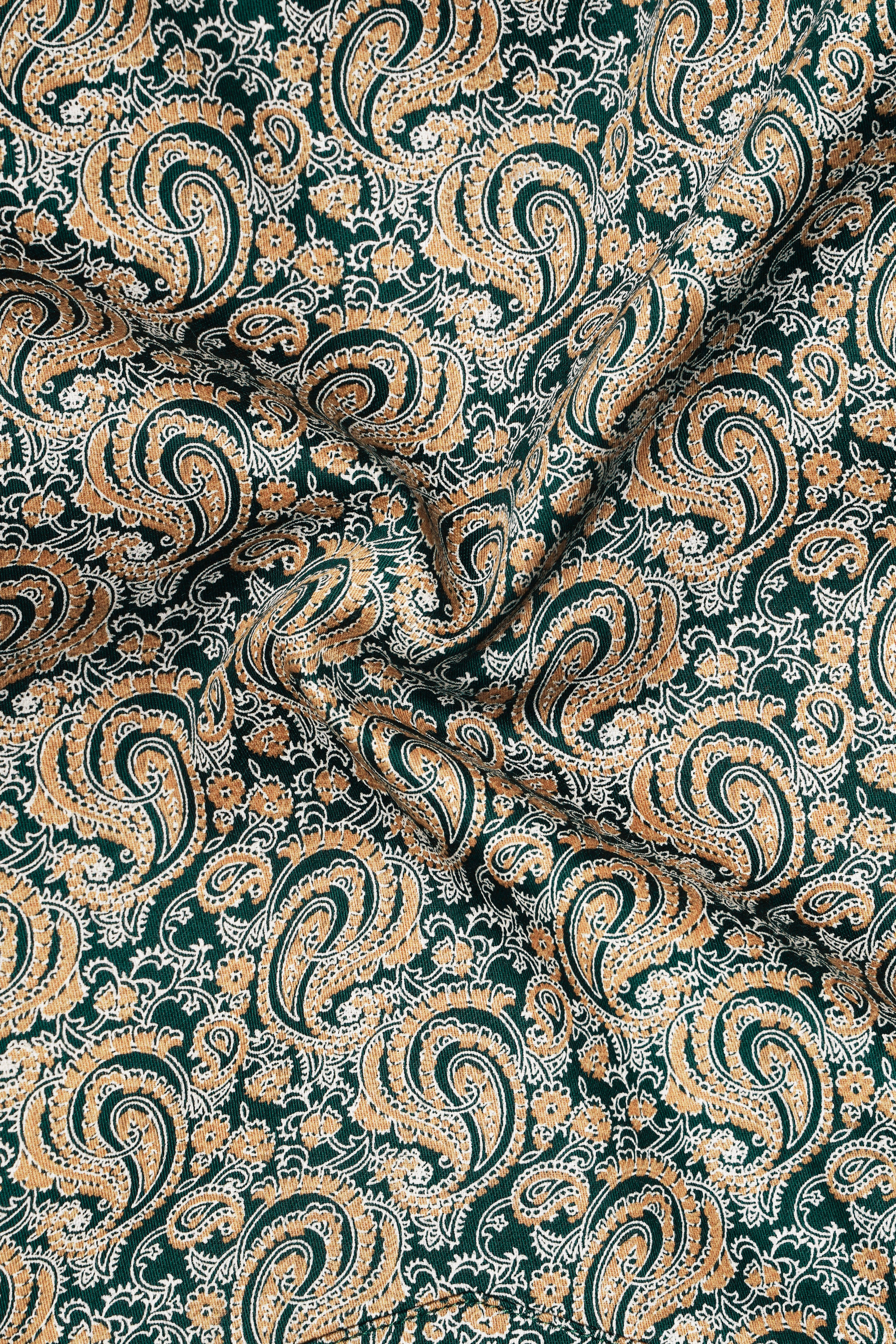 Florentis-Teal Green And Driftwood Brown Paisley Printed Premium Giza Cotton Semi Formal Shirt