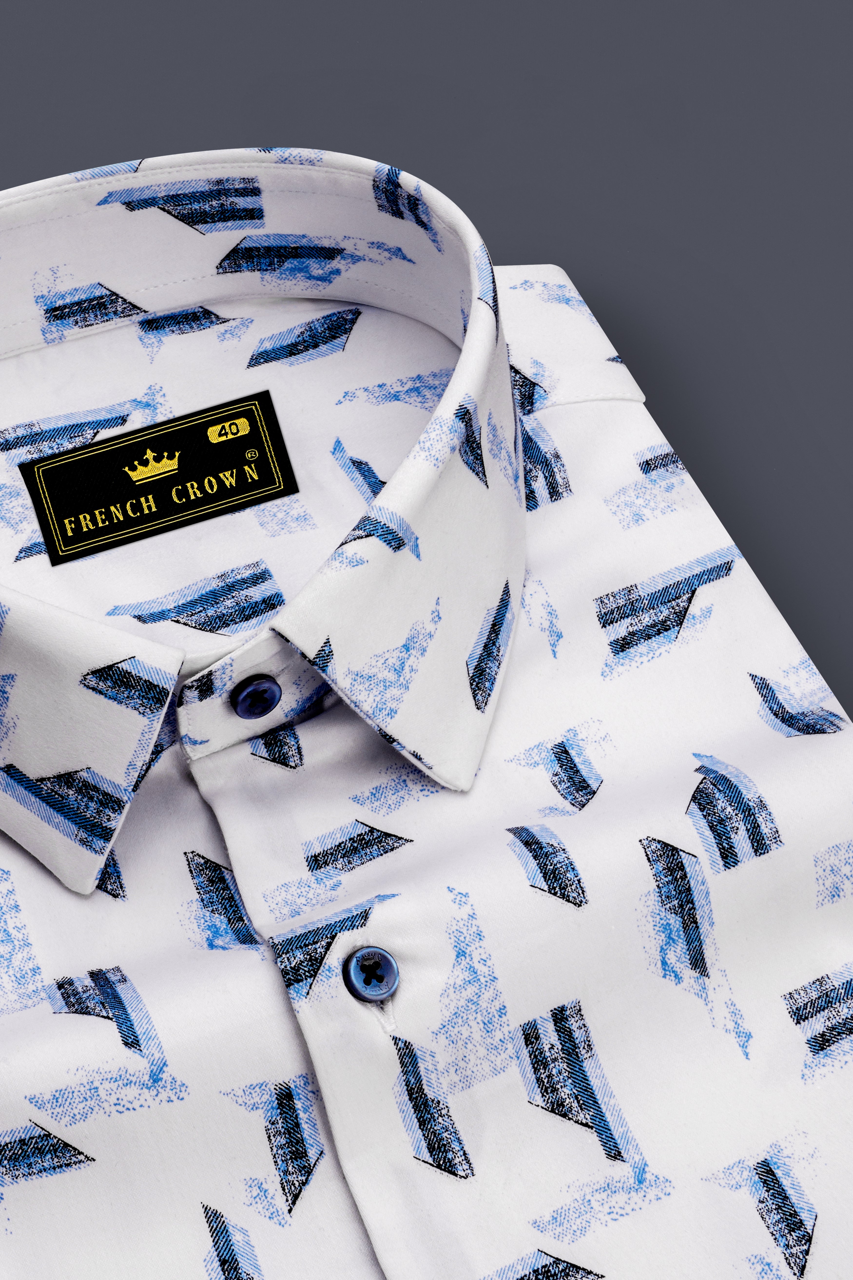 Axion-Bright White And Midnight Blue Geometric Print Subtle Sheen Super Soft Premium Cotton Casual Shirt