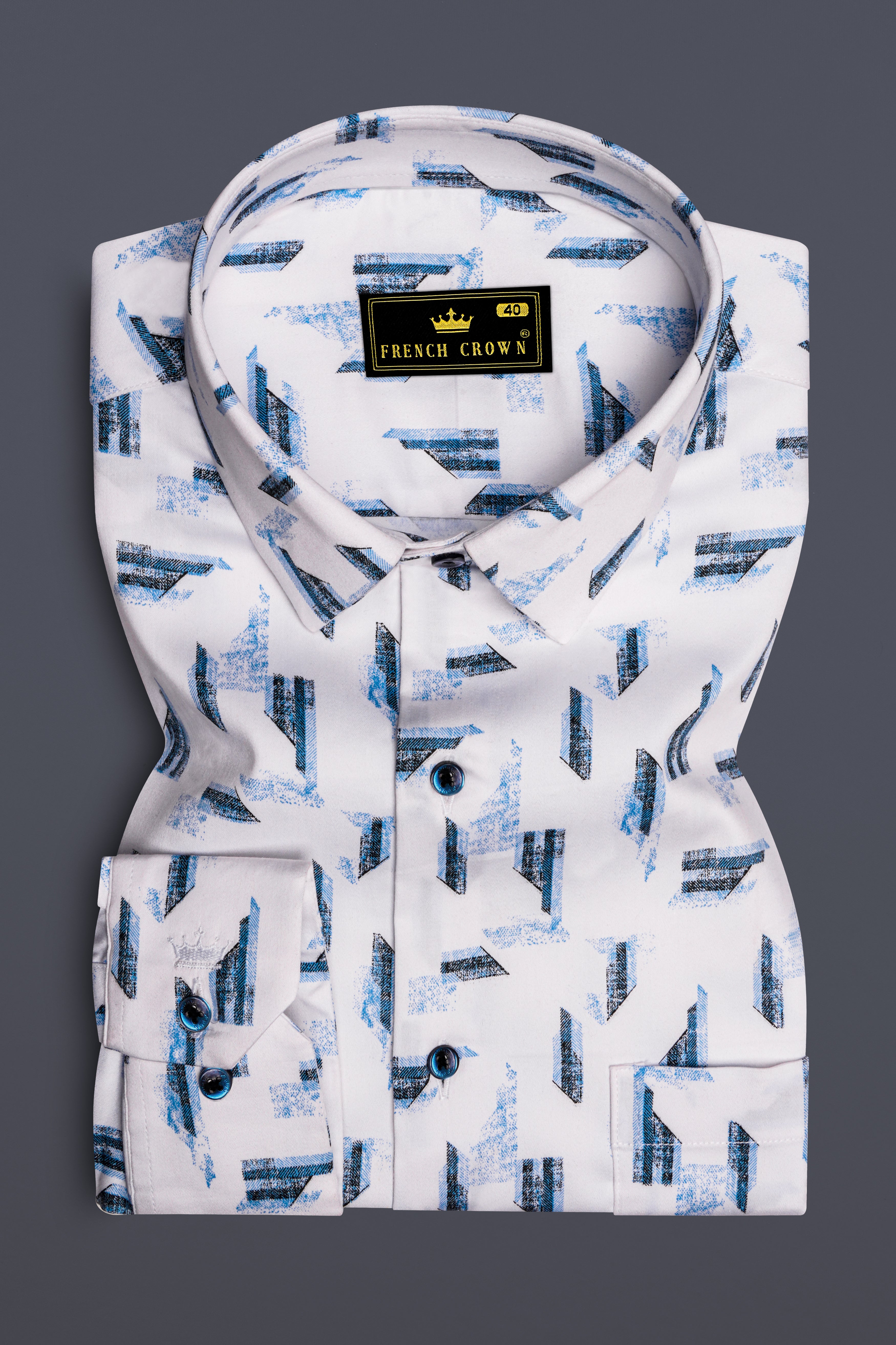 Axion-Bright White And Midnight Blue Geometric Print Subtle Sheen Super Soft Premium Cotton Casual Shirt