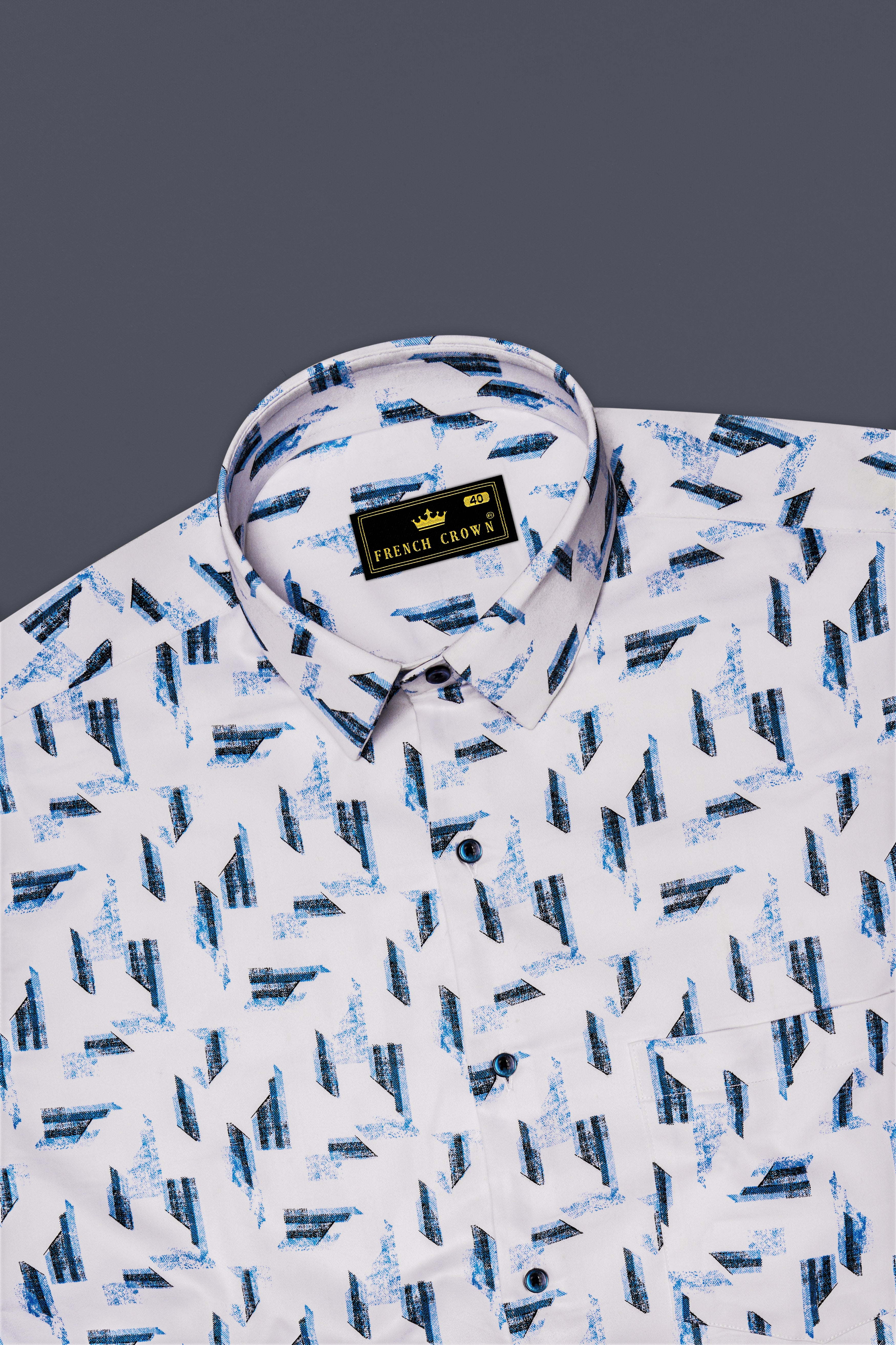 Axion-Bright White And Midnight Blue Geometric Print Subtle Sheen Super Soft Premium Cotton Casual Shirt