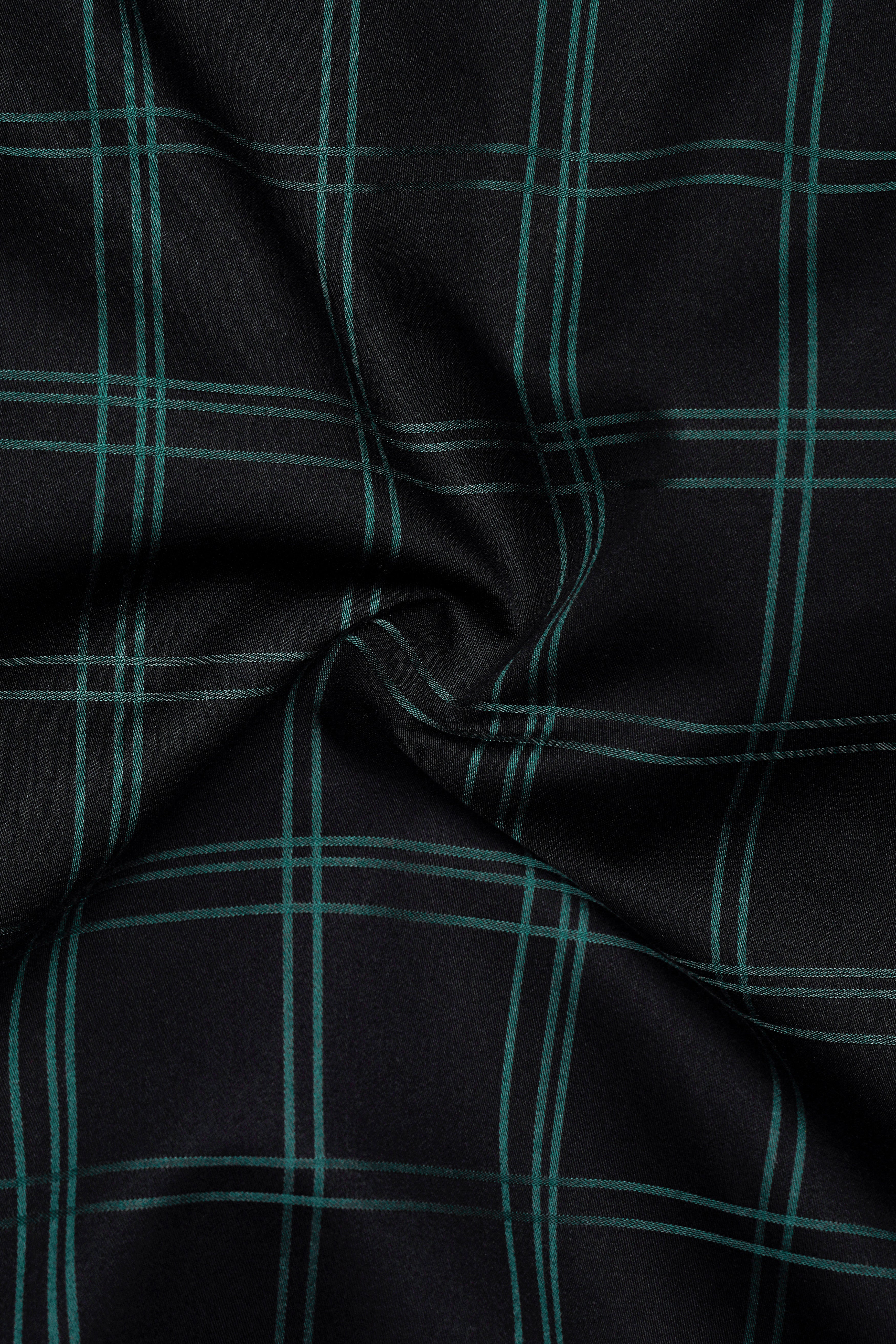 Verdant-Jade Black And Slate Green Plaid Dobby Textured Premium Giza Cotton Dress Shirt