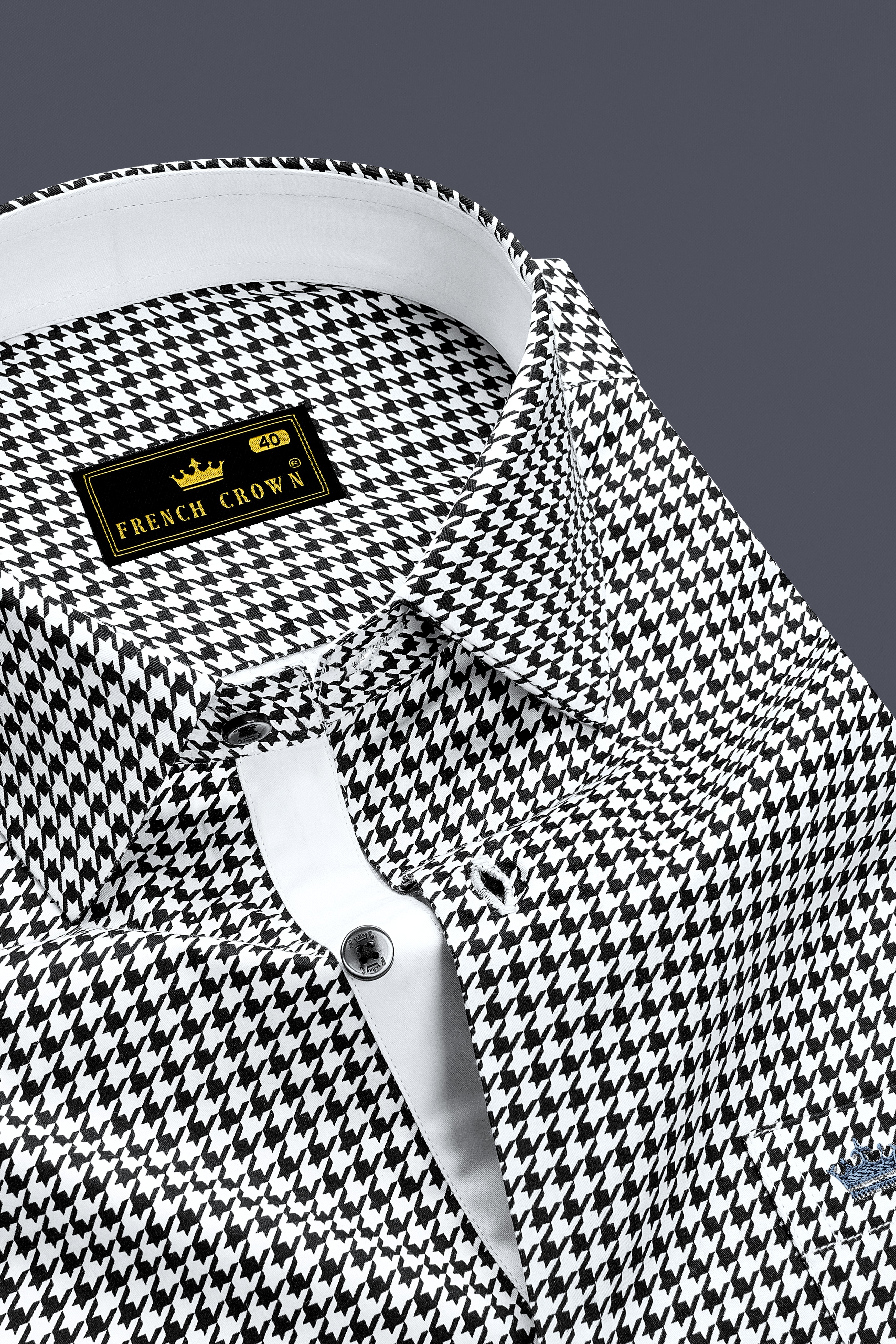 Regalis-Jade Black And Bright White Houndstooth Printed Super Soft Premium Cotton Dress Shirt