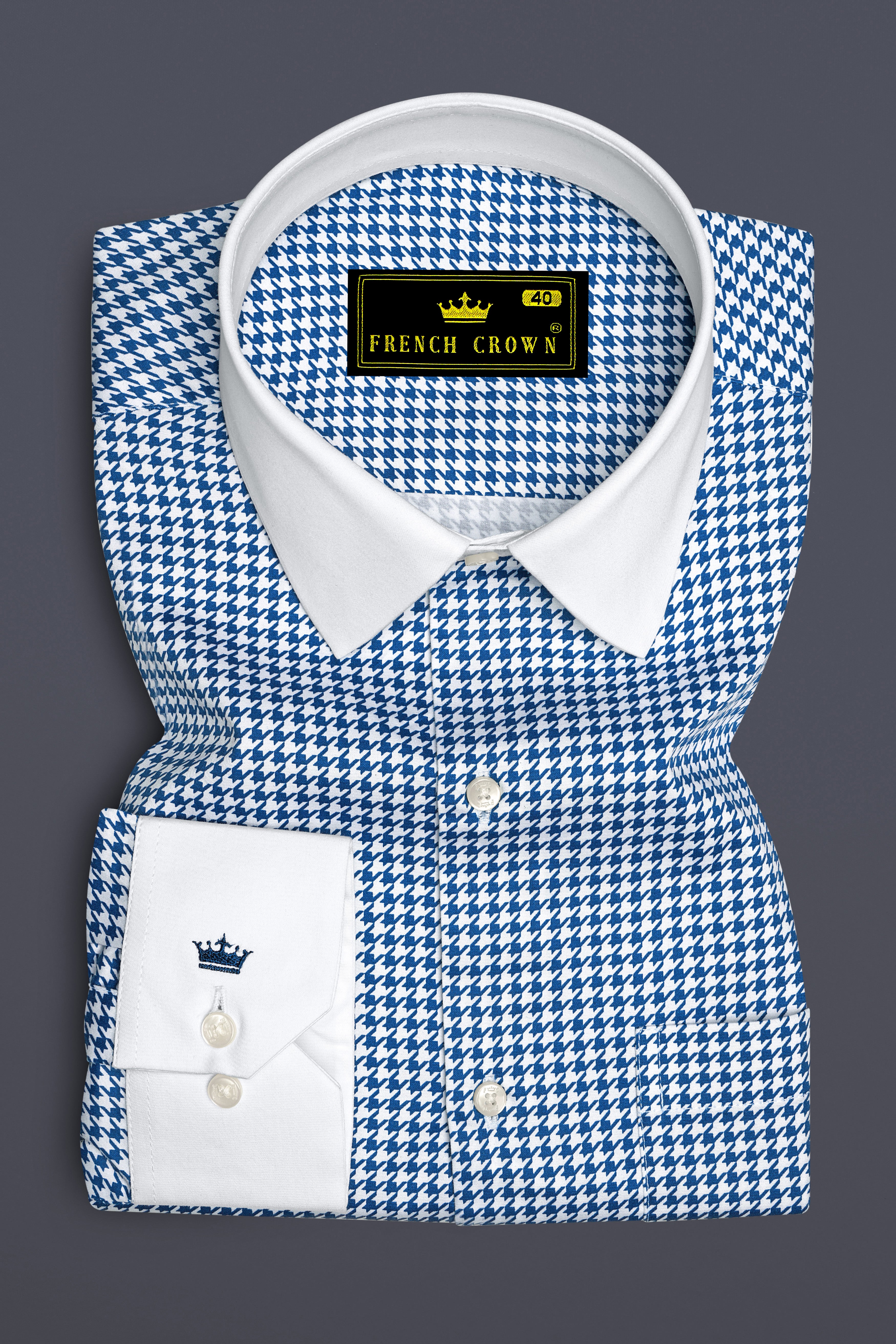 Creston-Lapis Blue And Bright White Houndstooth Printed Super Soft Premium Cotton Dress White Cuff Collar Shirt