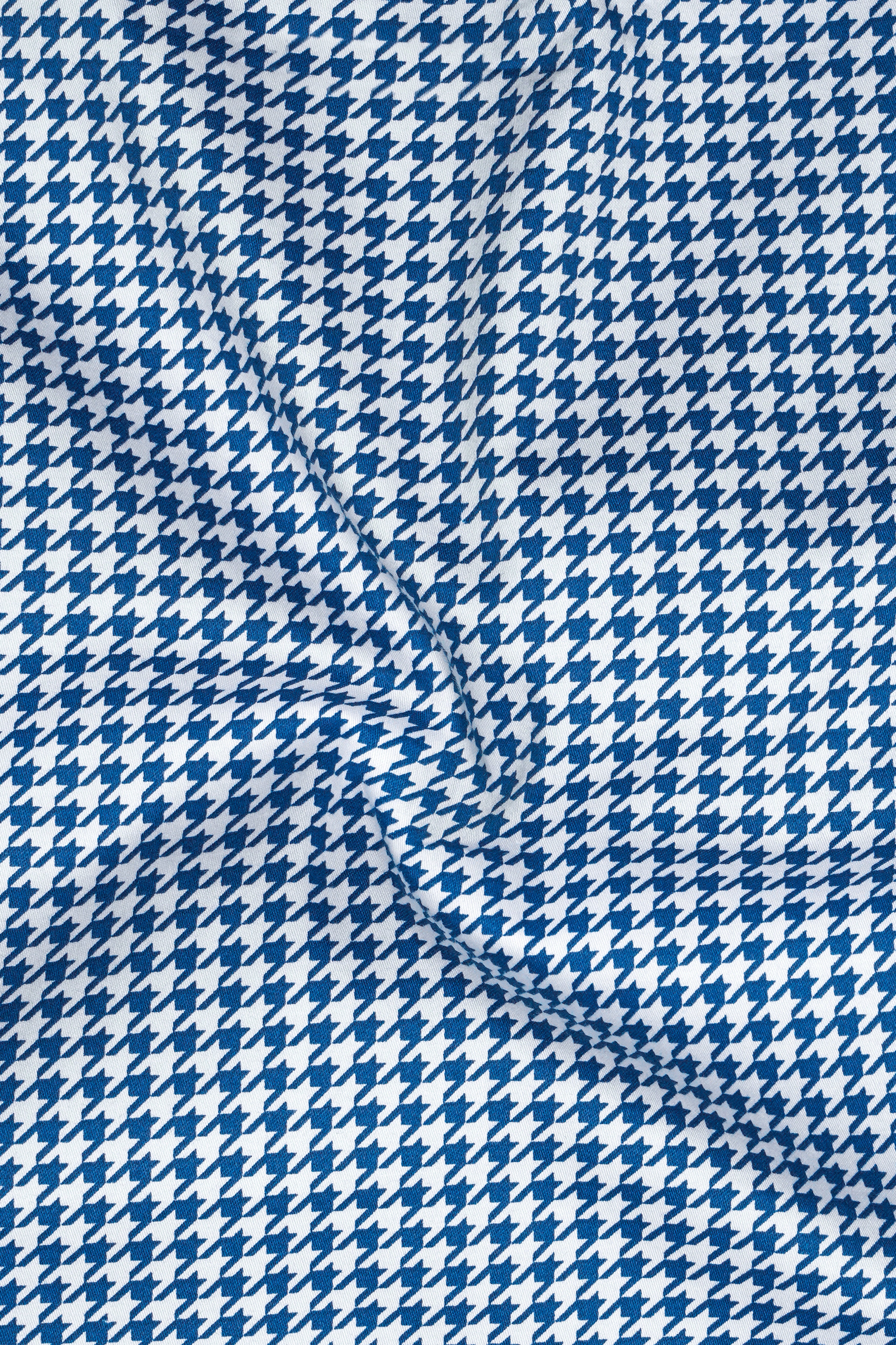 Creston-Lapis Blue And Bright White Houndstooth Printed Super Soft Premium Cotton Dress White Cuff Collar Shirt